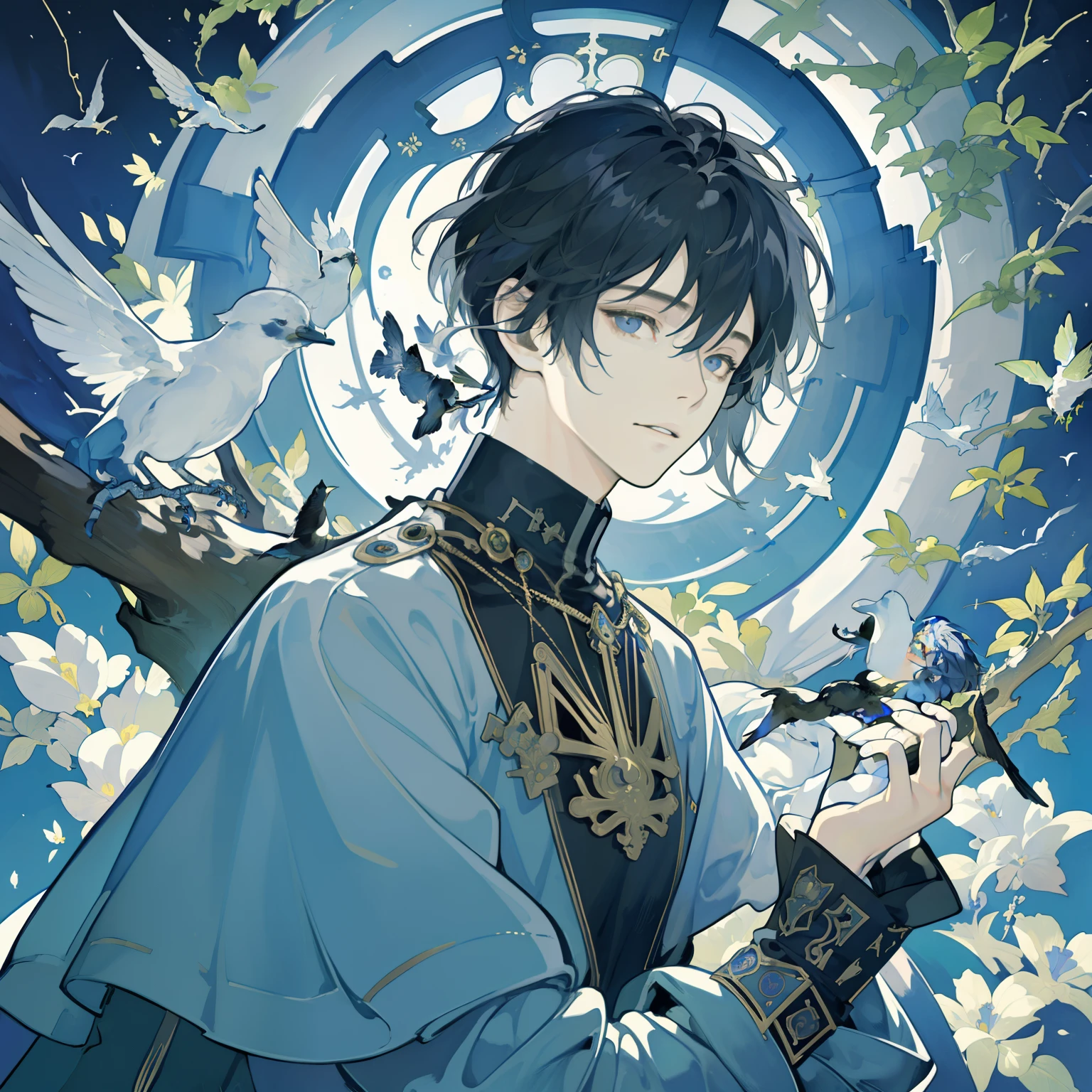 (masuter piece,Best Quality,Ultra-detailed), (A detailed face),1 juvenile, male ,A dark-haired,Tarot Cards,troubadour,Flowers and Birds Fugetsu,Visual Arts,occult,Vision casting,Philosophy,Numerology,Alphonse Mucha