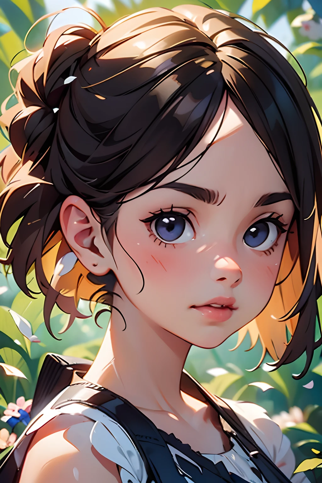 (best quality, masterpiece, ultra-realistic), 1 beautiful and delicate portrait of a girl, playful and cute, with floating petals in the background