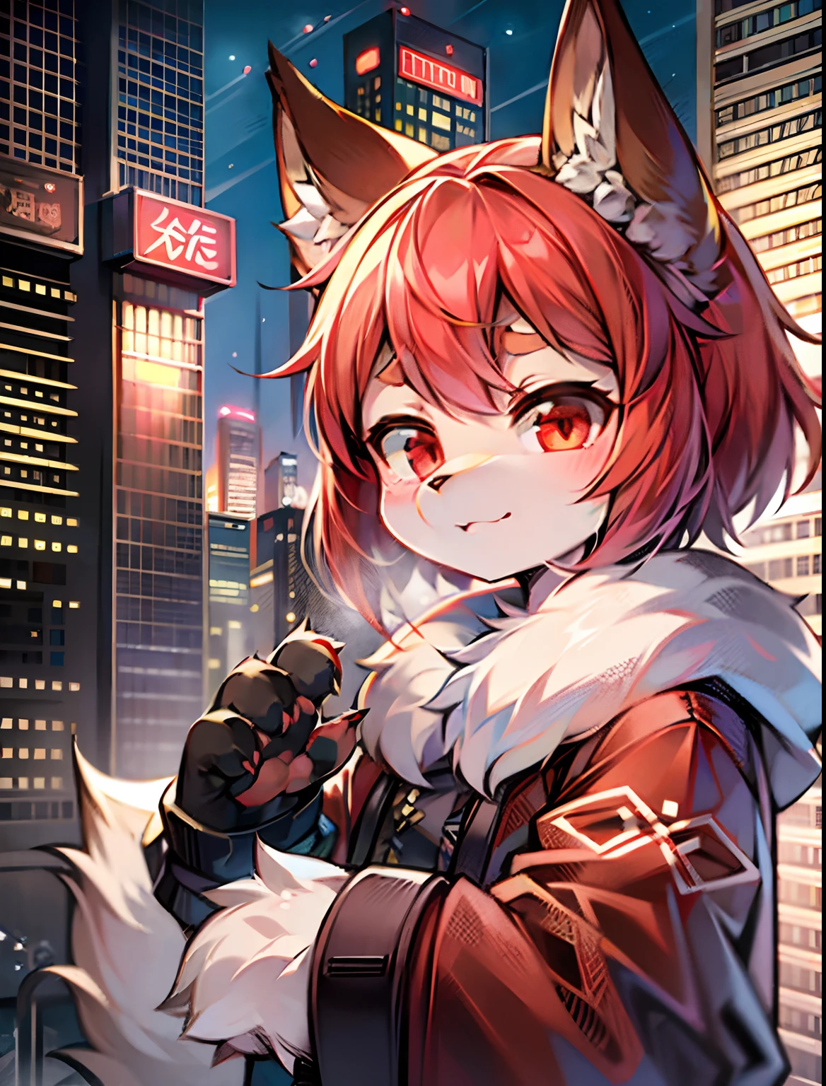 eyes with brightness,Bust photo of the character,Q version，头像框， Character focus，独奏, shaggy, Furry fox, White fur for men, red color eyes，clawed paws，large tail, No hair，Loli style，Little cute， Will sell moe，The city of the future，Luminescent technology set，High-rise roof，Future Style