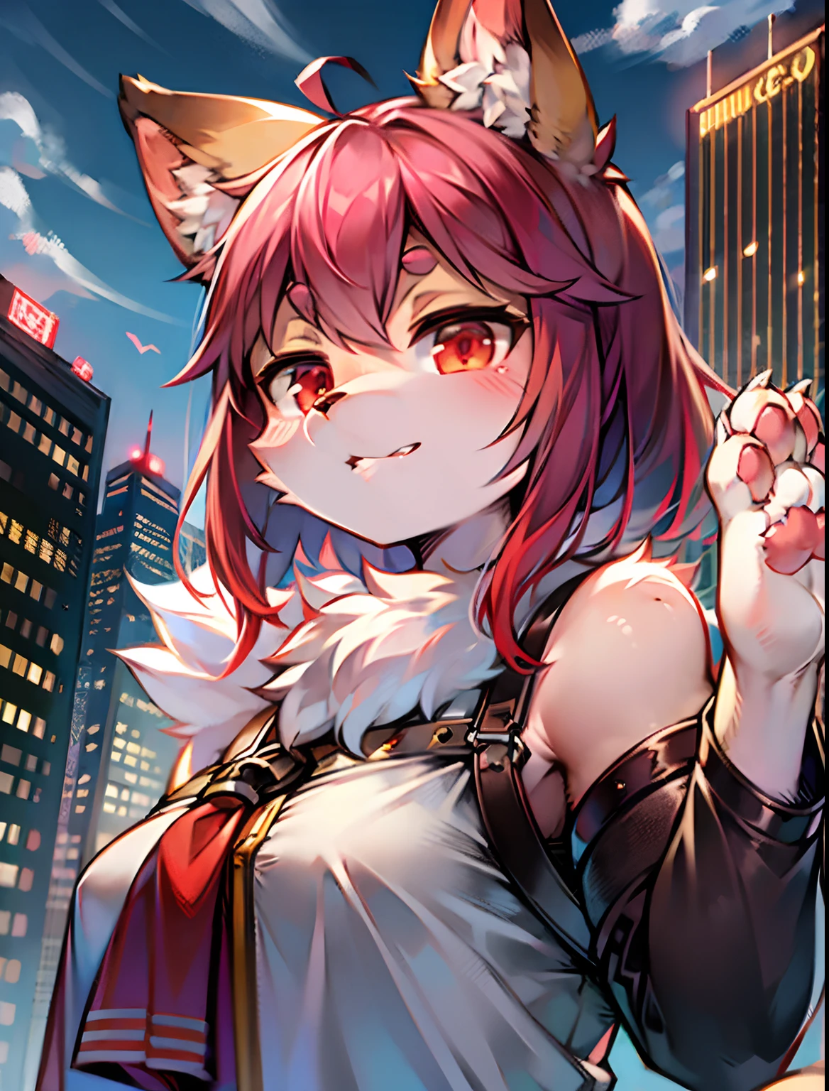 eyes with brightness,Bust photo of the character,Q version,头像框, Character focus,独奏, shaggy, Furry fox, White fur for men, red color eyes,clawed paws,large tail, No hair, style,Little cute, Will sell moe,The city of the future,Luminescent technology set,High-rise roof,Future Style