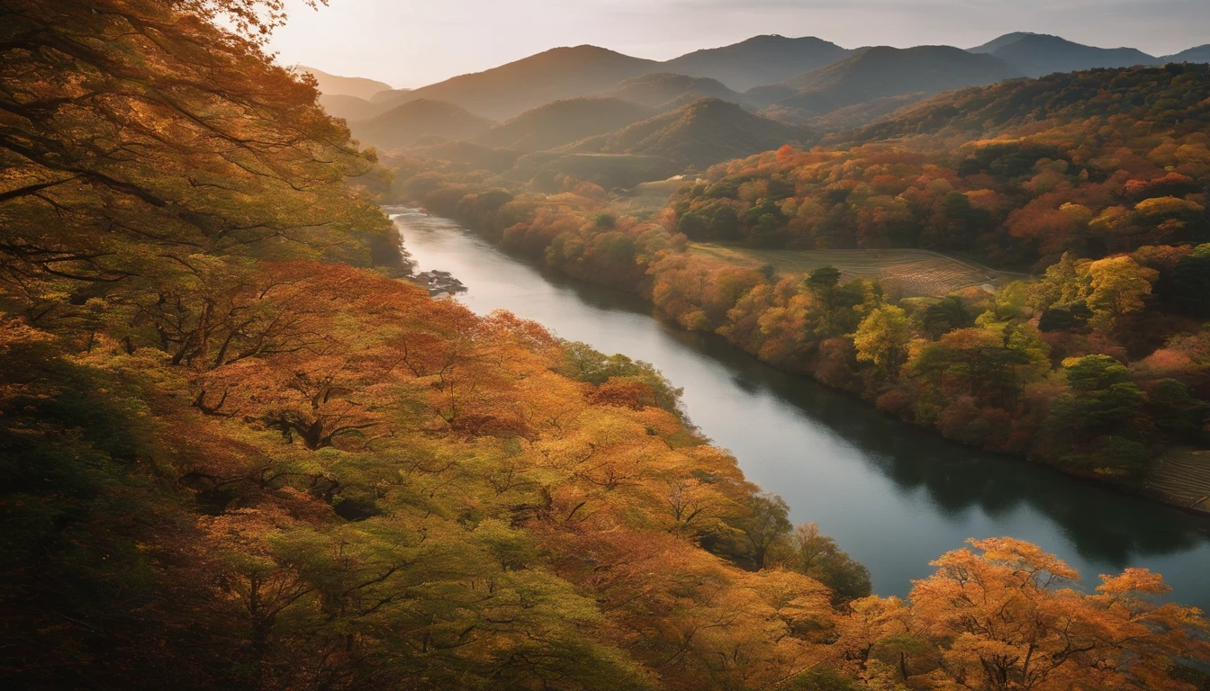 Autumn scenery of beautiful Arita City, Wakayama Prefecture、There are many nectar trees planted in the mountains、There are a lot of nectar fruits.。The Arida River flows through it.。Beautiful scenery of Wakayama