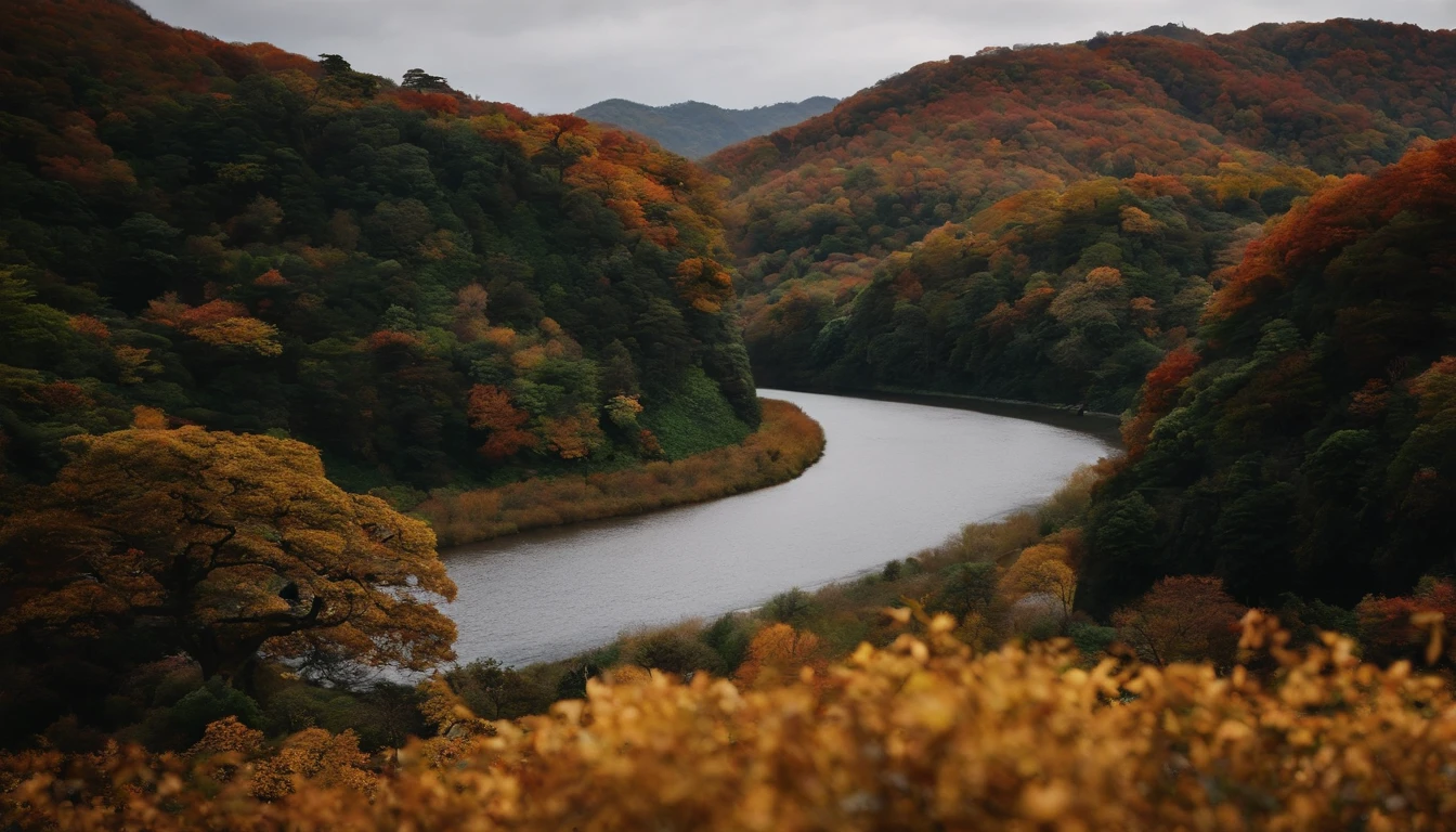 Autumn scenery of beautiful Arita City, Wakayama Prefecture、There are many nectar trees planted in the mountains、There are a lot of nectar fruits.。The Arida River flows through it.。Beautiful scenery of Wakayama