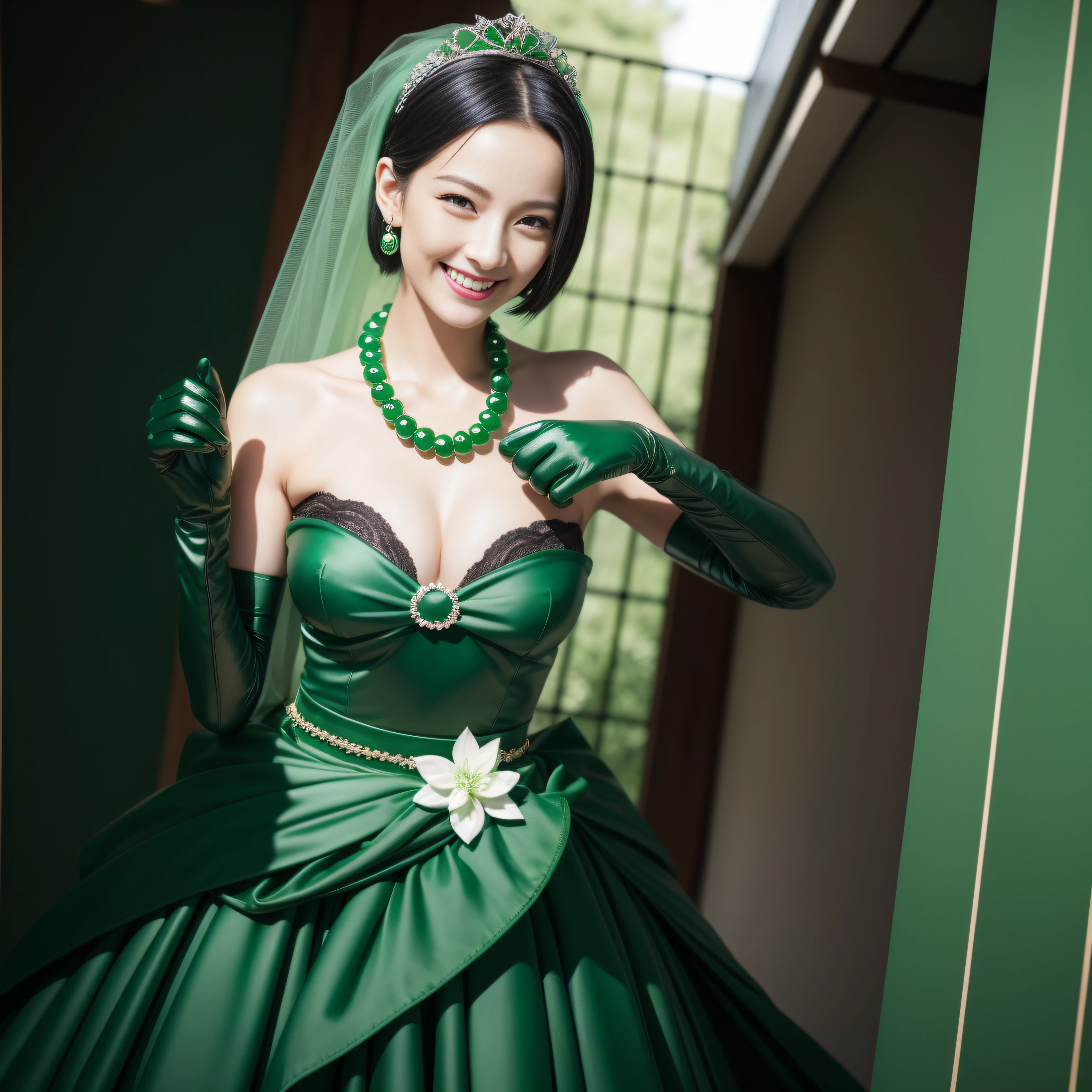 Boyish very short black hair, lipsticks, Japan woman smiling, Green Long Grove, Emerald Tia boyish very short black hair, lipsticks, Japan woman smiling, Satin green long gloves, Green Pearl Necklace, verd s eyes, Green eyes, Long green gloves made of satin material, big breasts beautiful, Green Bridal Veil, Green eyes, Emerald Earrings,emerald tiara