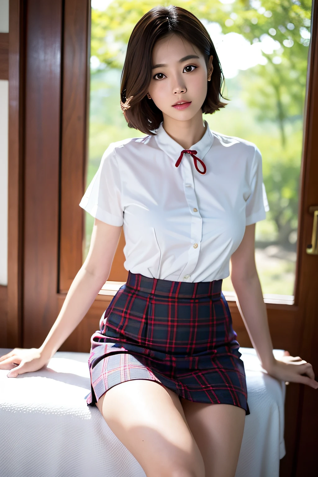 ((Best quality, 8k, Masterpiece: 1.3, raw photo)), Sharp focus: 1.2, (1 aespa girl: 1.2), (realistic, photo-realistic:1.37), (face focus: 1.1), cute face, kindness, small breasts, flat chest, short messy hair, sitting, spread legs, white summer casual shirt, skirt, she is rolling up her skirt, classroom, sunlight, cinematic lighting