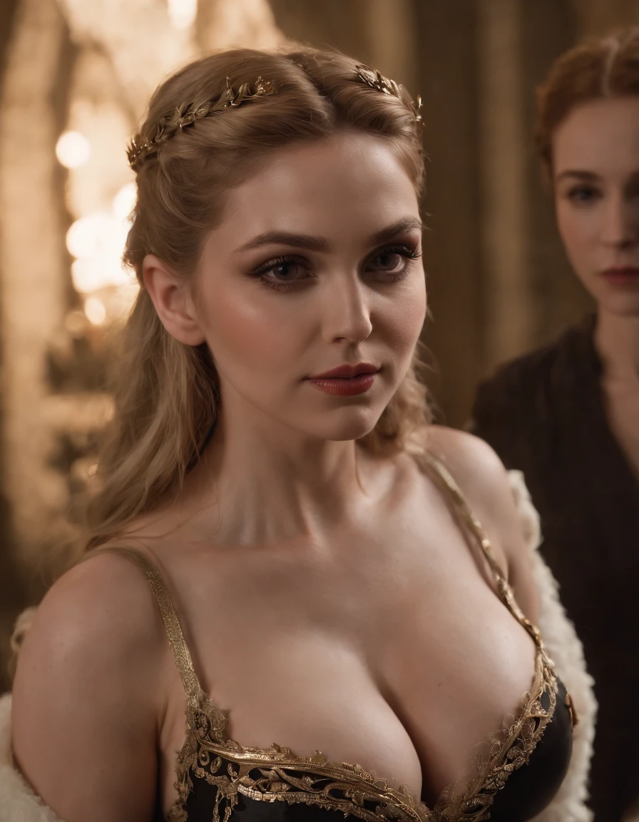 NSFW, one-girl, Vampire Queen, (gigantic cleavage breasts:1.5), (Sex life:1.2), (:1.5),The Elder Scrolls Serena costume,the night,Dark style,Gothic,tiara crown