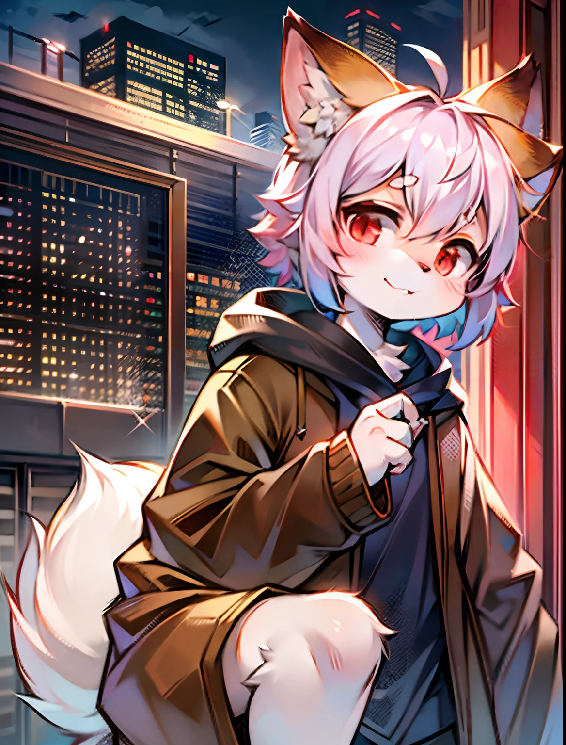 1 boy, city, any outfit, any eye color and expression, alone, fluffy fur, fluffy tail