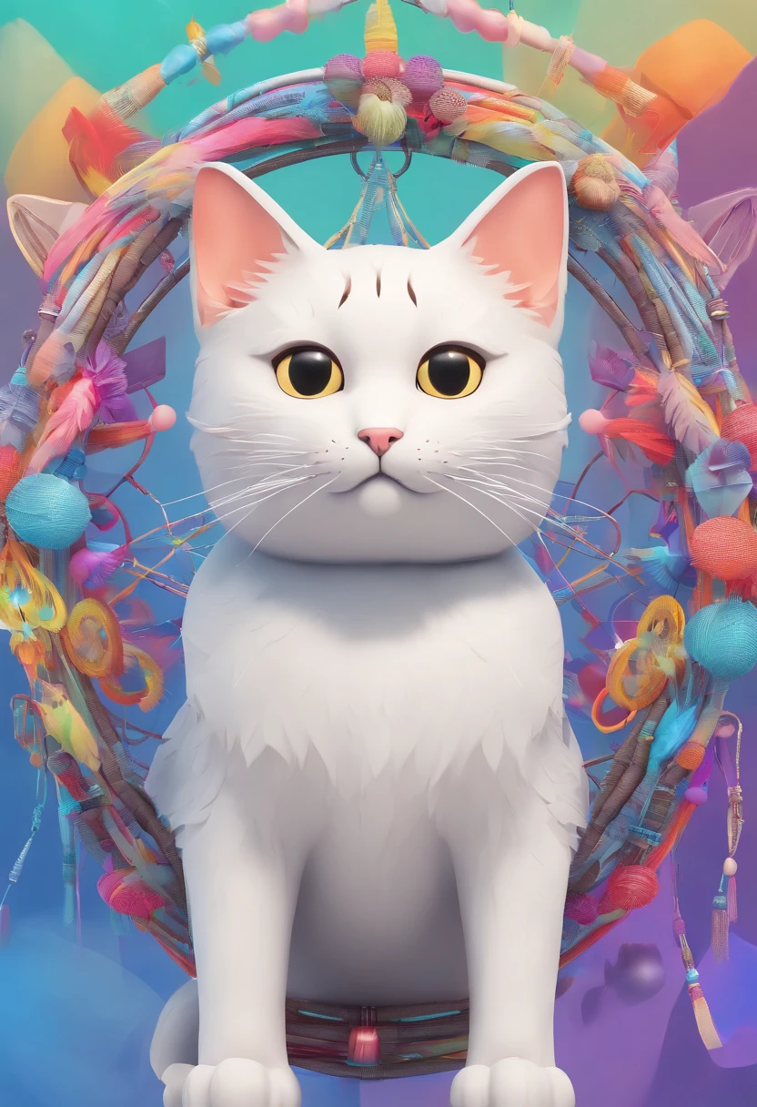 (White cat in a circle of colorful dream catchers),"T-shirt design with circular silhouette of cat face, Crescent, and stars in the