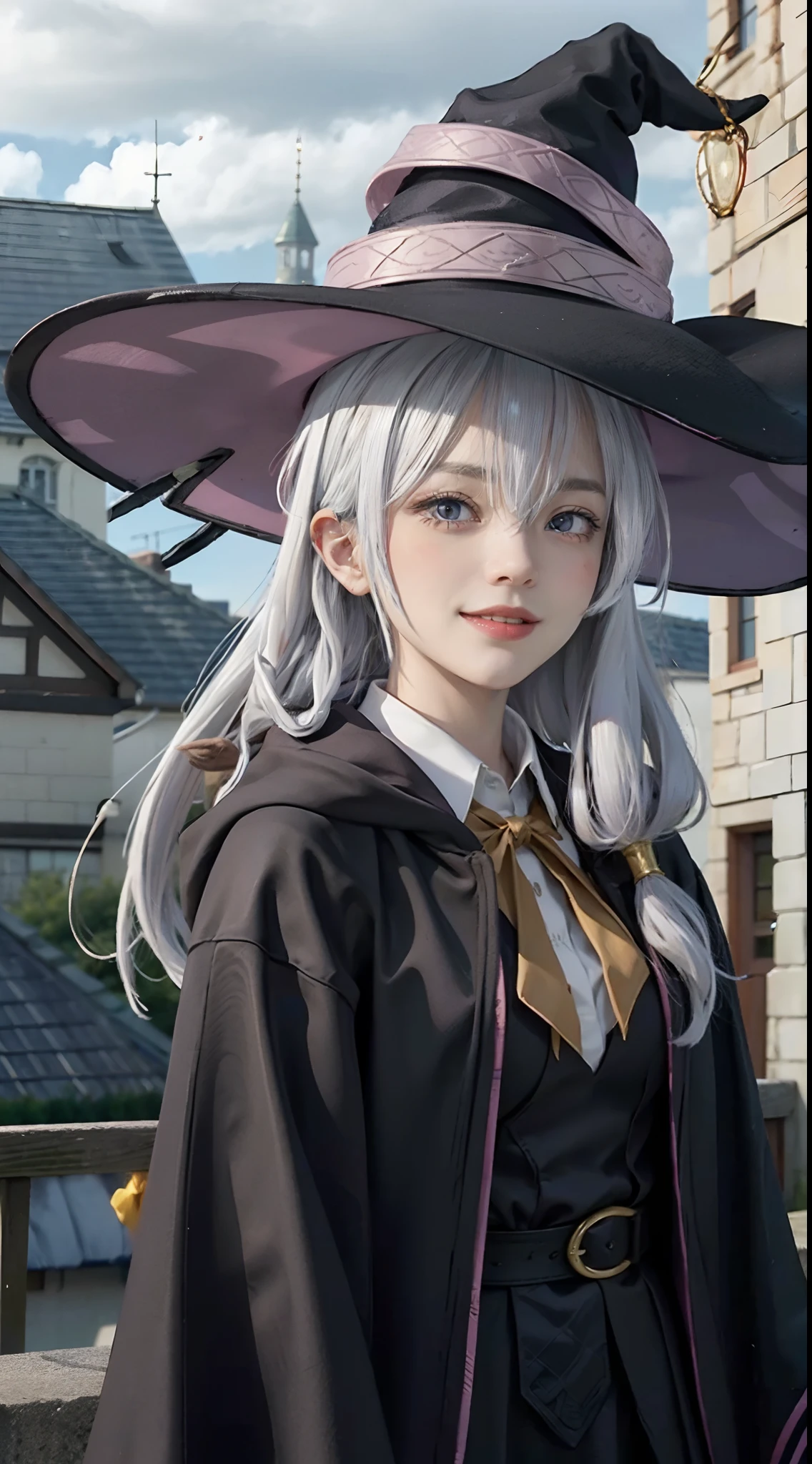 lyileina,witch hat,black robe,collared shirt,yellow ribbon,light smile,large breats,best quality, white hair