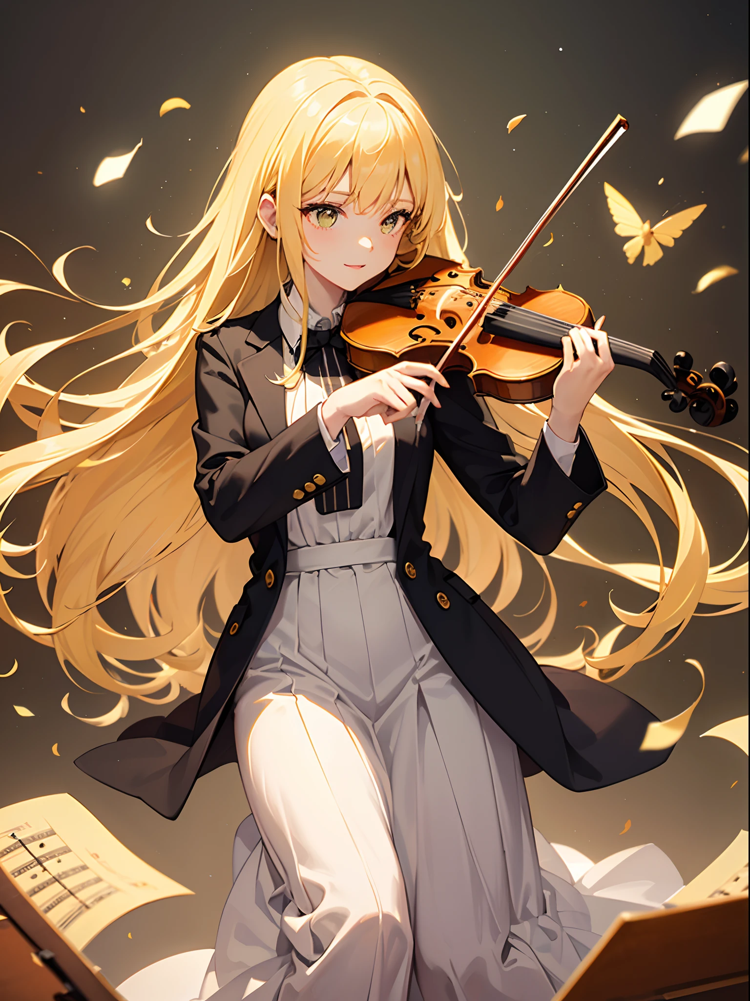 Beautiful girl perform in stage, playing violin, play gracefully, yellow hair, long hair, white formal dress, (floating musical notes like a magic), (detailed musical not:1.2), (masterpiece:1.3), best quality, (vibrant:1.2), ultra detailed