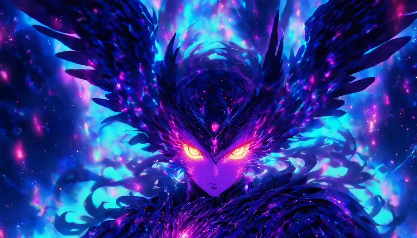Cosmic Fallen Angel, glowing light eyes, Biomechanical, eery, Creepy, nightmarish, Very bright colors, light particules, with light glowing, Musieff, wallpaper art, ultra HD wallpaper