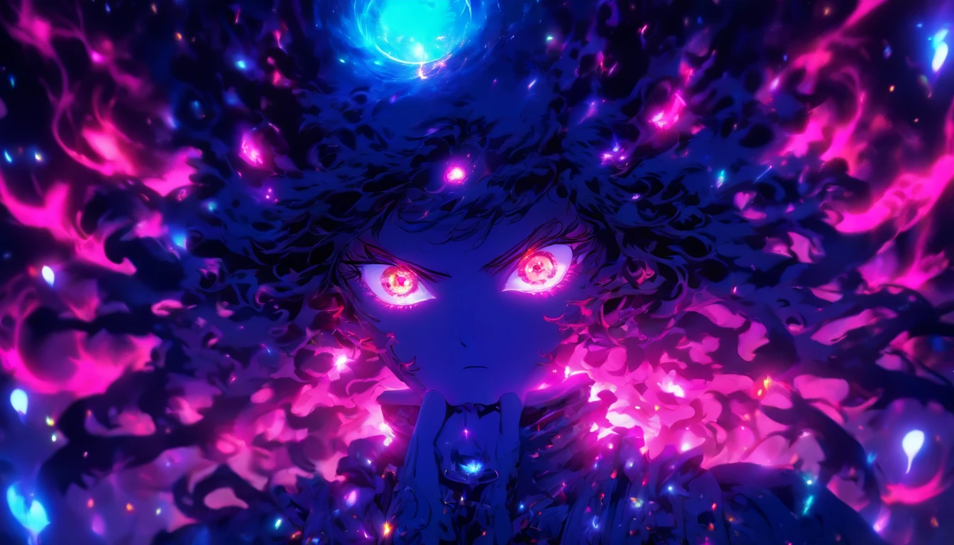 Cosmic Fallen Angel, glowing light eyes, Biomechanical, eery, Creepy, nightmarish, Very bright colors, light particules, with light glowing, Musieff, wallpaper art, ultra HD wallpaper