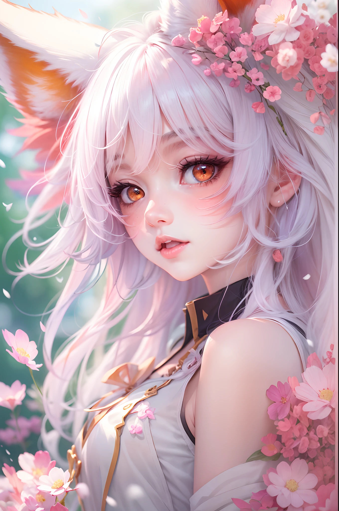 Nine snow-white fox tails (1.0), milky fox tail (1.0), fox close-up of nine tails, nine-tails, nine-tails, anime girl with pink hair and pink dress with flowers on her hair, very beautiful anime fox girl, beautiful anime fox girl, beautiful fantasy anime, guweiz, anime girl with fox ears, beautiful anime girl, very beautiful and cute fox girl, pink flower rain, background blur, anime style 4 K, anime fantasy artwork, 4k anime wallpaper, Artwork in the Guvez style