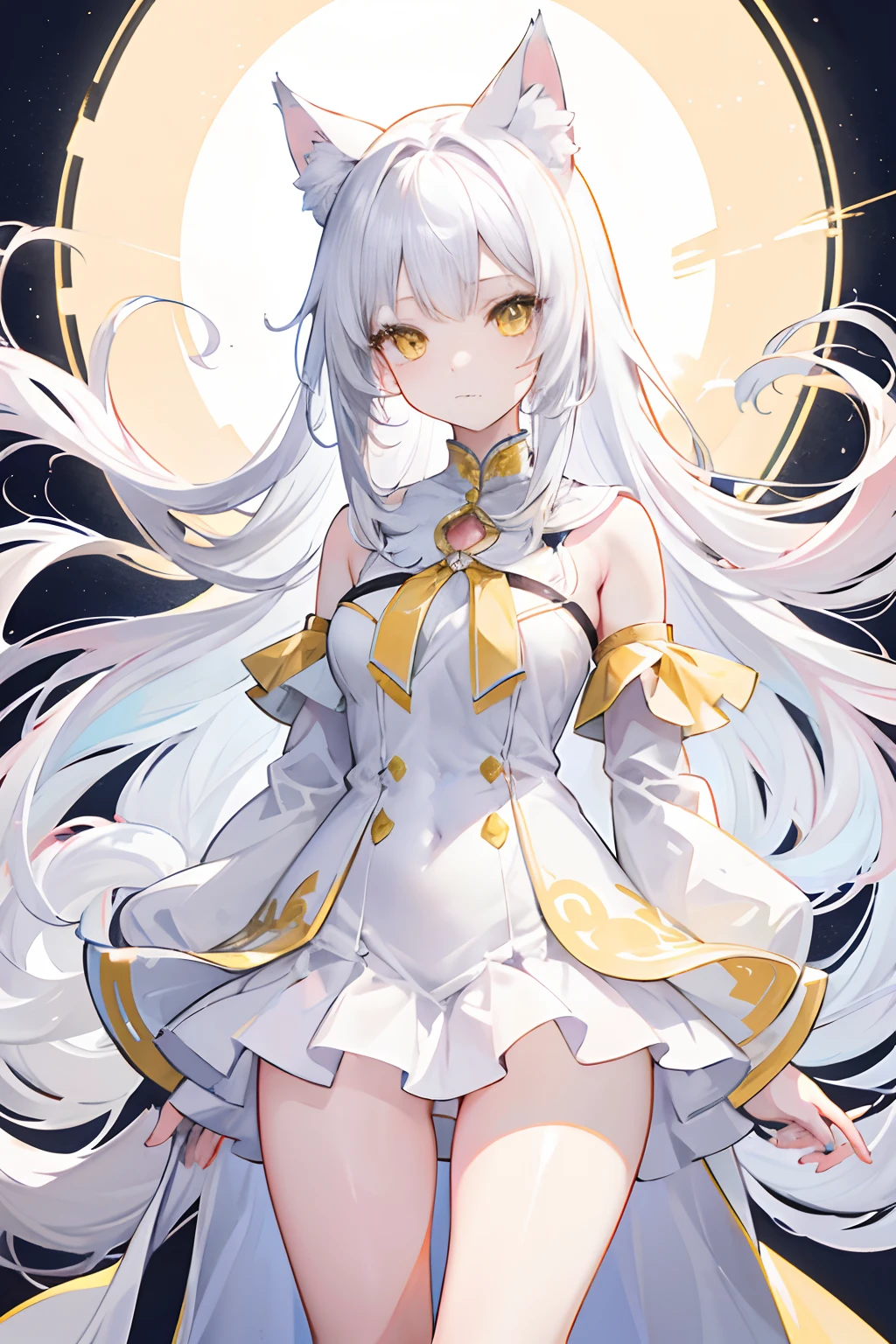 An anime girl with long white hair, cat ears, beautiful yellow eyes, in a white dress, beautifully decorated outfit, bare legs, good anatomy, 8k, high resolution, beautiful background