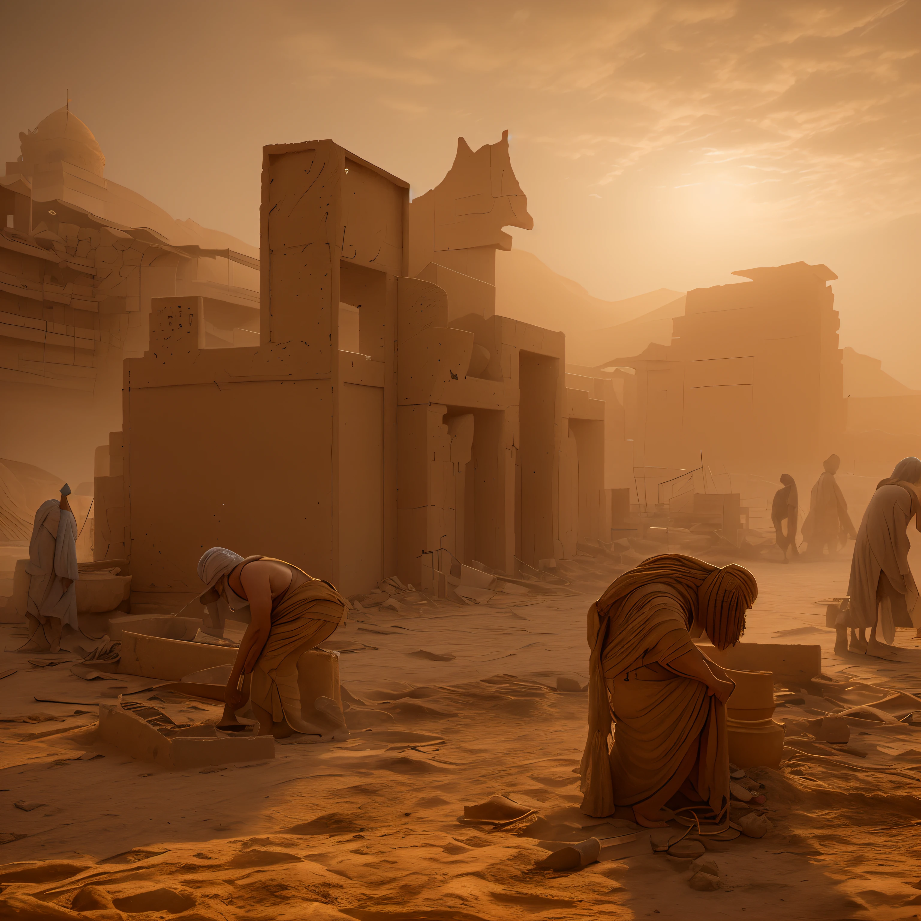 2.500 b.C. assyrians are working on a construction site in the desert, by Mike Winkelmann, dust clouds and building debris, dusty environment, full of sand and dust, blocking the sun, the sun's rays through the dust, ancient ruins under the desert, by Artur Tarnowski, during sandstorm, city in desert, inspired by Mike Winkelmann
