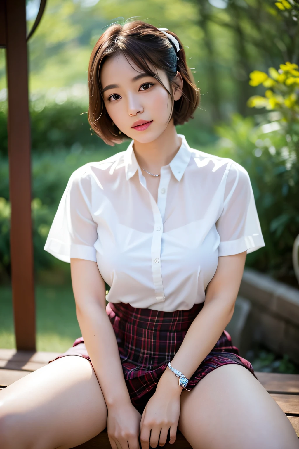 NSFW, 8k RAW photo, top-quality, masterpiece, 超A high resolution, film grains, filmg, 1girl in, looking at the viewers, natural skin textures, realistic eyes and face details, Full lips,, Fluffy short hair, hair messy, A smile, closes mouth, Beautiful legs, Tall lady, skiny, slim_Legs, 独奏, huge-breasted, a miniskirt, The shirt, Beautiful natural places, Around the position of the flower, (细致背景), white shirt, huge-breasted, lowfers, blurry backround, bblurry, ngel, Plaid, shortsleeves, JK ribbon on neck, JK Ribbon, brown haired, A bracelet, Eau, bangss, 校服, jewely, cparted lips, s lips, pleatedskirt, depth of fields