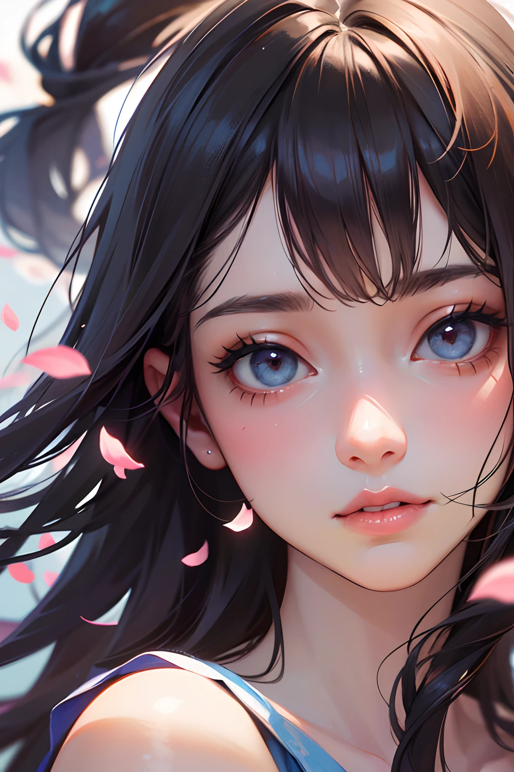 (best quality, masterpiece, ultra-realistic), 1 beautiful and delicate portrait of a girl, playful and cute, with floating petals in the background