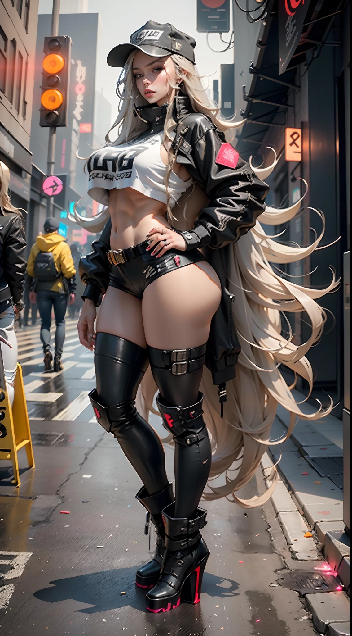 Beautiful woman's super long hair dragged on the ground,Extremely tall,wearing hat,Cyberpunk-inspired short outfits,Extra-large big breasts,Thin abs,Incredibly exaggerated huge buttocks,Long legs that occupy two-thirds of the body,Particularly thick legs,black high heeled boots,full body shot shot