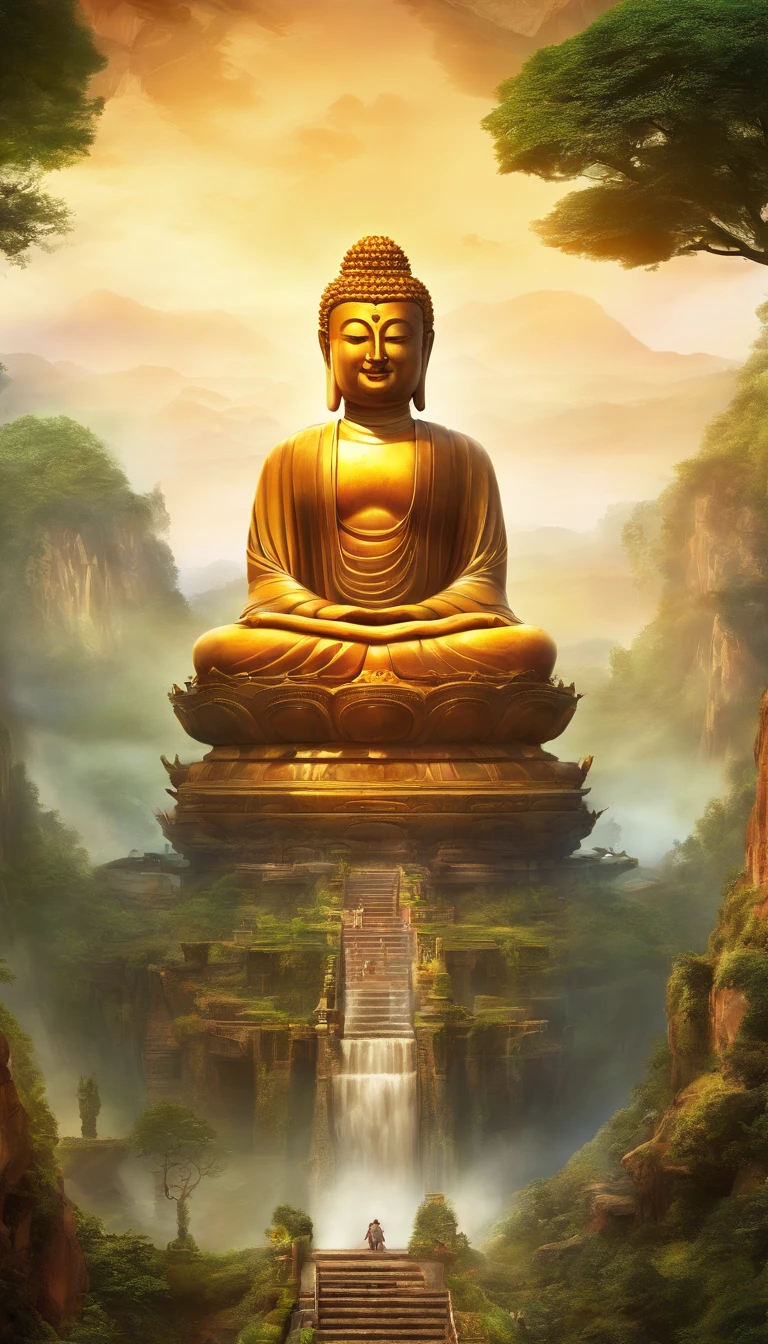 A giant, Realistic depiction of Leshan Buddha, Blend seamlessly with nature, surrealism, Ultra-detailed, Photorealistic:1.37, 3D rendering, Cinematic lighting, Divine light, Ultra-high definition, Masterpiece:1.2, Textured skin, Best quality, high resolution