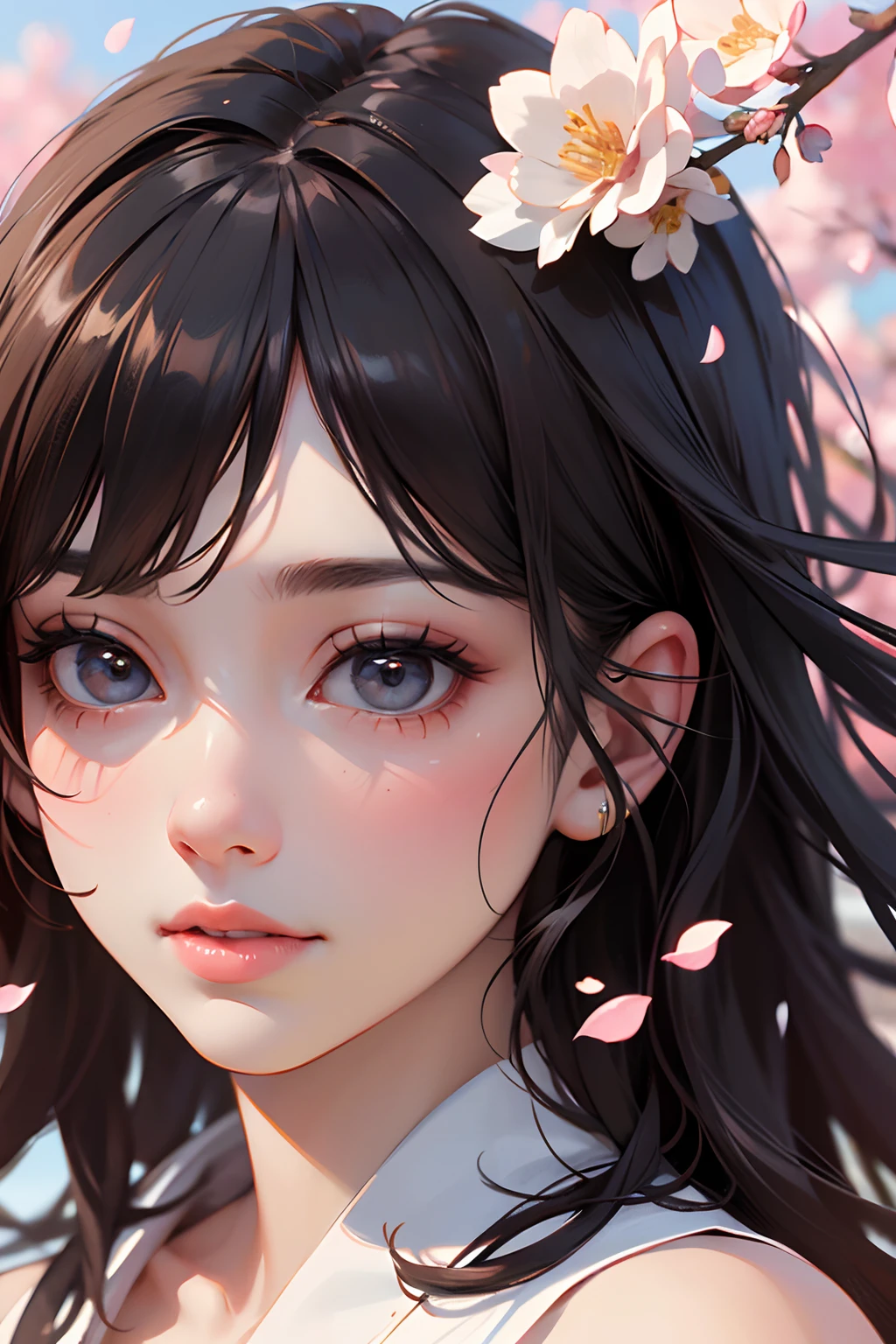 Anime girl with long black hair and flower in her hair - SeaArt AI
