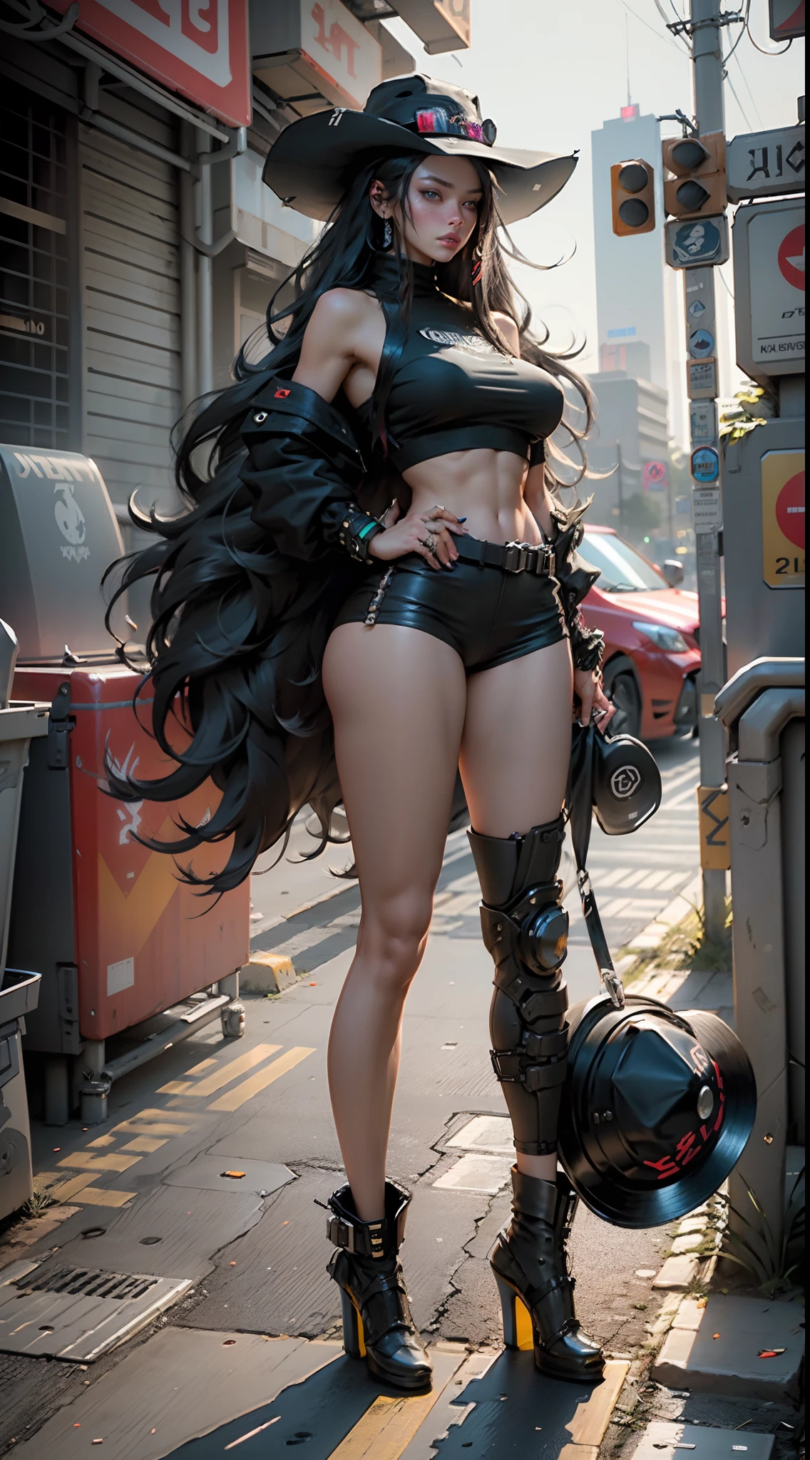 Beautiful woman's super long hair dragged on the ground，Extremely tall，wearing hat，Cyberpunk-inspired short outfits，Extra-large big breasts，Thin abs，Incredibly exaggerated huge buttocks，Long legs that occupy two-thirds of the body，Particularly thick legs，black high heeled boots，full body shot shot