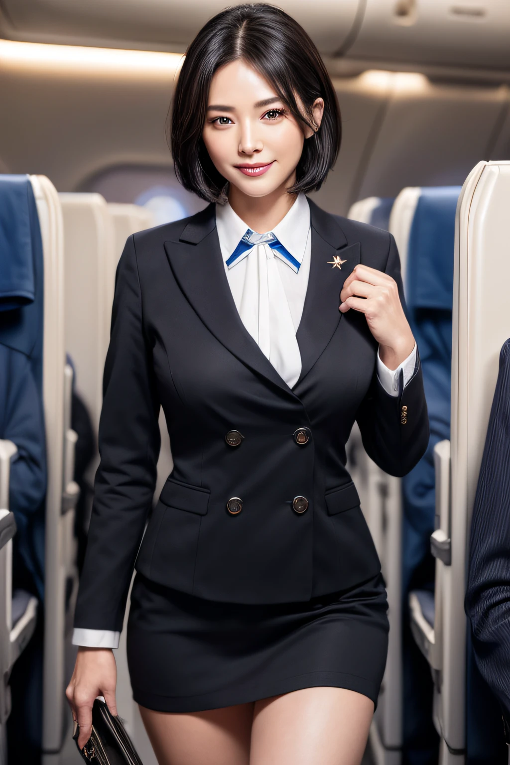 1womanl, 40 years、hyperdetailed face、Detailed lips、A detailed eye、二重まぶた、(Black bob hair、Smiling as you walk slowly down the aisle)、(Stewardess uniform:1.2)、(Glamorous body)、(Colossal tits)、thighs thighs thighs thighs, Perfect fit, Perfect image realism, Background with: (Business Class aisle on airplanes:1.2), Cowboy Shot, Meticulous background with, detailed costume, Perfect litthing、Hyper-Realism、(Photorealsitic:1.4)、8K maximum resolution, (​masterpiece), ighly detailed, Professional