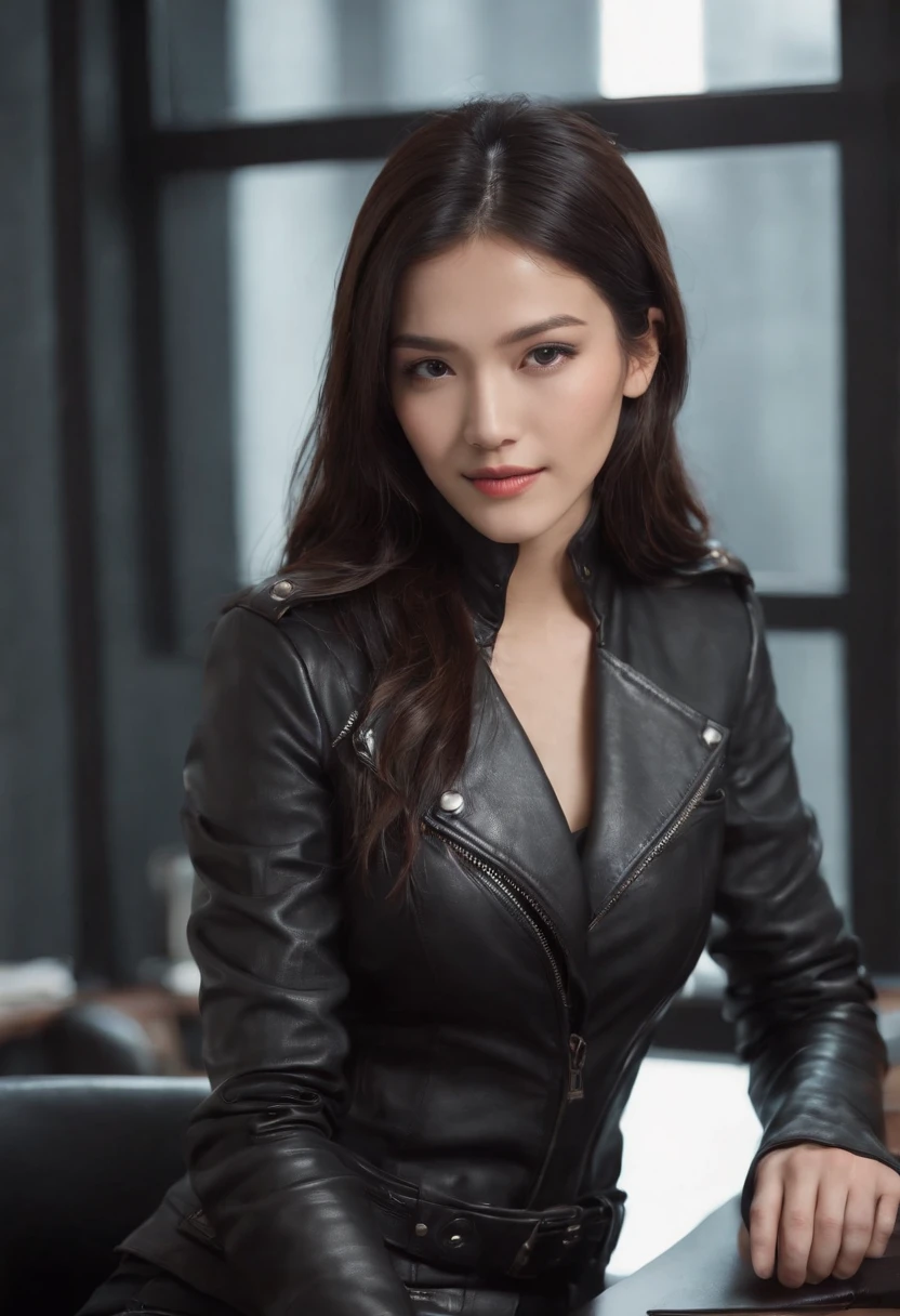 Black leather gloves are worn in both hands Upper body Black leather rider's jacket Black leather skinny pants Black leather long boots Necklace on the chest Smile at the desk in the modern study in the dark, long straight black hair Young Japanese woman (black leather gloves cover both hands) With the fingers of black leather gloves, sitting on a leather chair, working on the computer, staring at the screen