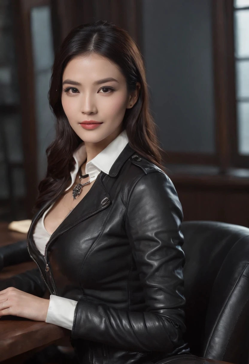 Black leather gloves are worn in both hands Upper body Black leather rider's jacket Black leather skinny pants Black leather long boots Necklace on the chest Smile at the desk in the modern study in the dark, long straight black hair Young Japanese woman (black leather gloves cover both hands) With the fingers of black leather gloves, sitting on a leather chair, working on the computer, staring at the screen