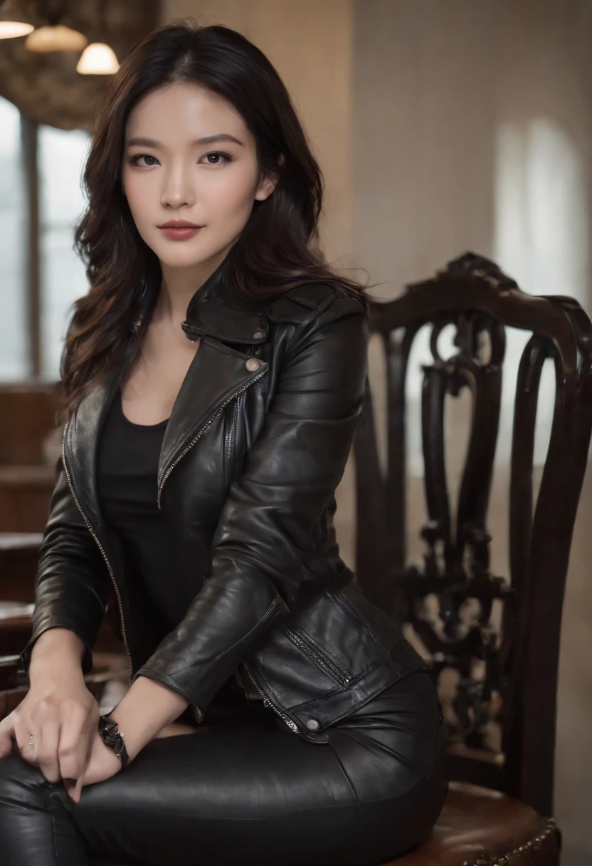 Black leather gloves are worn in both hands Upper body Black leather rider's jacket Black leather skinny pants Black leather long boots Necklace on the chest Smile at the desk in the modern study in the dark, long straight black hair Young Japanese woman (black leather gloves cover both hands) With the fingers of black leather gloves, sitting on a leather chair, working on the computer, staring at the screen