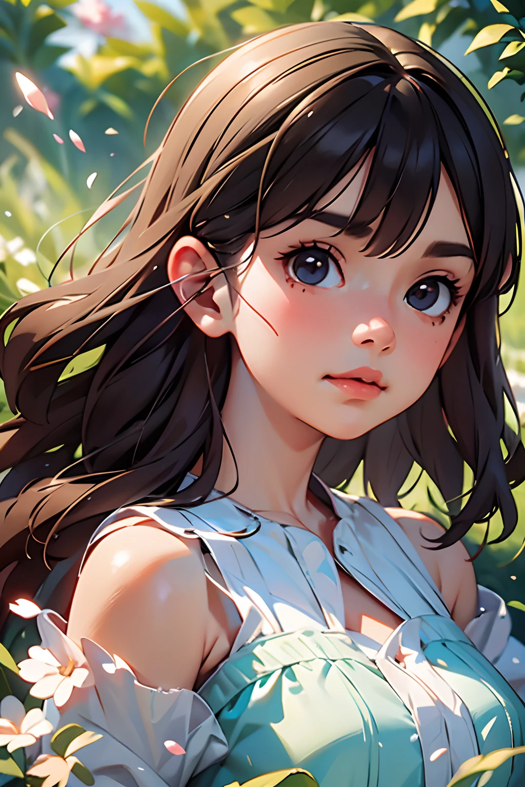 (best quality, masterpiece, ultra-realistic), 1 beautiful and delicate portrait of a girl, playful and cute, with floating petals in the background