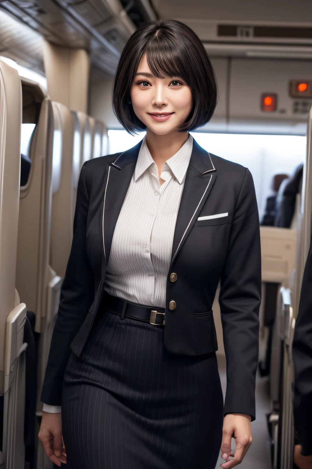 1womanl, 40 years、hyperdetailed face、Detailed lips、A detailed eye、二重まぶた、(Black bob hair、Smiling as you walk slowly down the aisle)、(Stewardess uniform:1.2)、(Glamorous body)、(Colossal tits)、thighs thighs thighs thighs, Perfect fit, Perfect image realism, Background with: (Business Class aisle on airplanes:1.2), Cowboy Shot, Meticulous background with, detailed costume, Perfect litthing、Hyper-Realism、(Photorealsitic:1.4)、8K maximum resolution, (masterpiece), ighly detailed, Professional