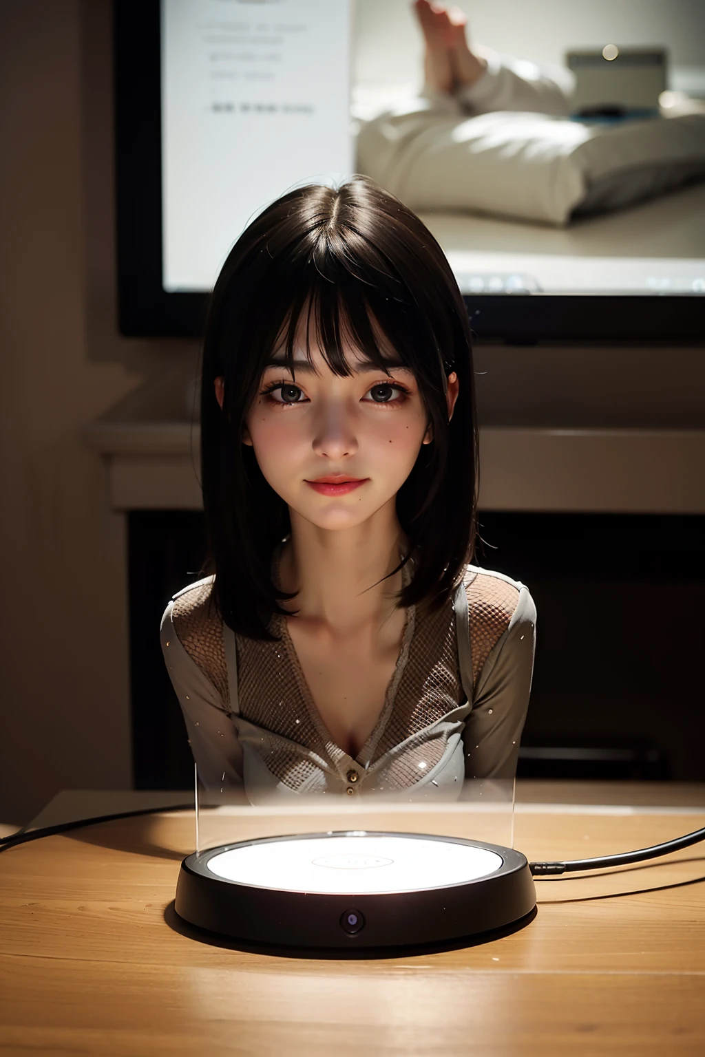 In a dimly lit room, Illuminated only by the soft glow of ambient smart lighting, State-of-the-art smartphones are placed on stylish devices, Futuristic table. Use simple voice commands, The phone screen flickers,A beam of light shoots out of it。. Slowly, Photomolding, Materialize into a lifelike humanoid AI hologram. The hologram is about a foot tall, Hover over your phone, Its facial features are intricate,The movements are smooth. It smiles warmly, Its eyes meet