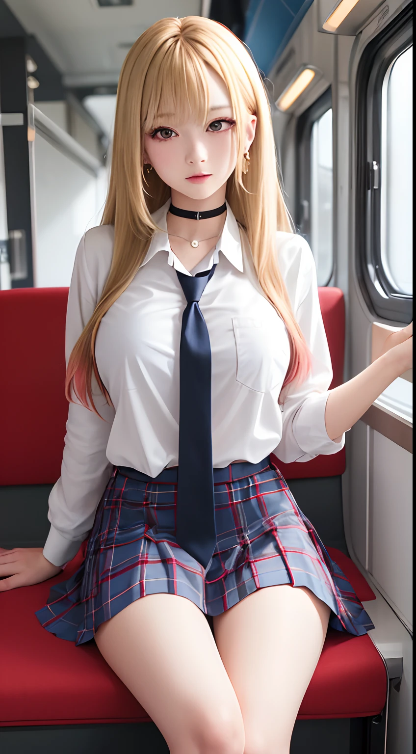 masterpiece, best quality, highres, kitagawa marin, 1girl, blonde hair, long hair, multicolored hair, red eyes, jewelry, earrings, piercing, school uniform, white shirt, tied shirt, black choker, blue necktie, plaid skirt, sitting, train interior,huge breast, perfect finger hand