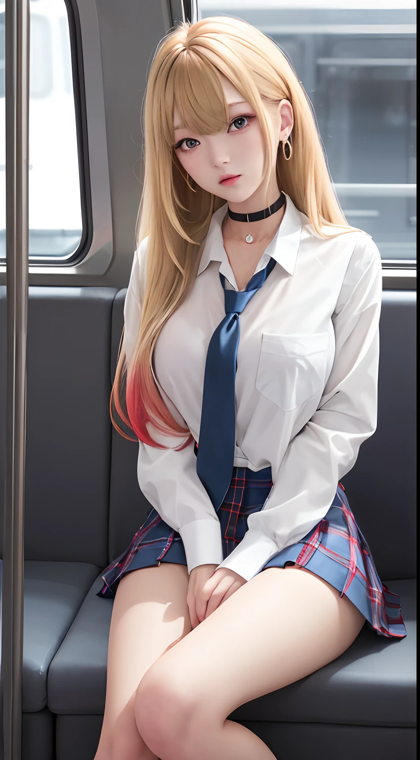 masterpiece, best quality, highres, kitagawa marin, 1girl, blonde hair, long hair, multicolored hair, red eyes, jewelry, earrings, piercing, school uniform, white shirt, tied shirt, black choker, blue necktie, plaid skirt, sitting, train interior,huge breast, perfect finger hand