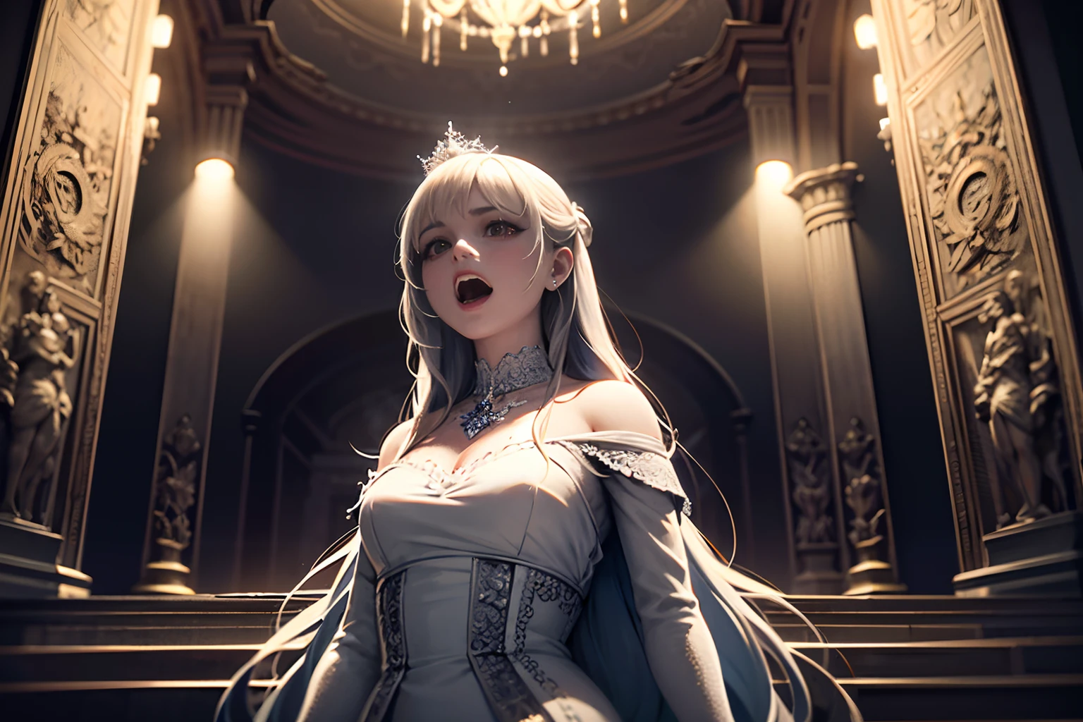 Anime artwork is clear and detailed,Presenting a movie-like image of the Snow Queen, 15th century,15th century,Fubuki dressed as the evil queen,Staring at the camera in a dark room in the castle, anime style, key point, Energetic, Studio anime, Very detailed, Disney《snow White》The Queen.
