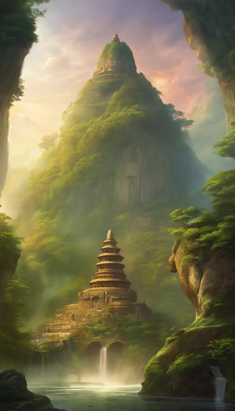 A giant, Realistic depiction of Leshan Buddha, Blend seamlessly with nature, surrealism, Ultra-detailed, Photorealistic:1.37, 3D rendering, Cinematic lighting, Divine light, Ultra-high definition, Masterpiece:1.2, Textured skin, Best quality, high resolution