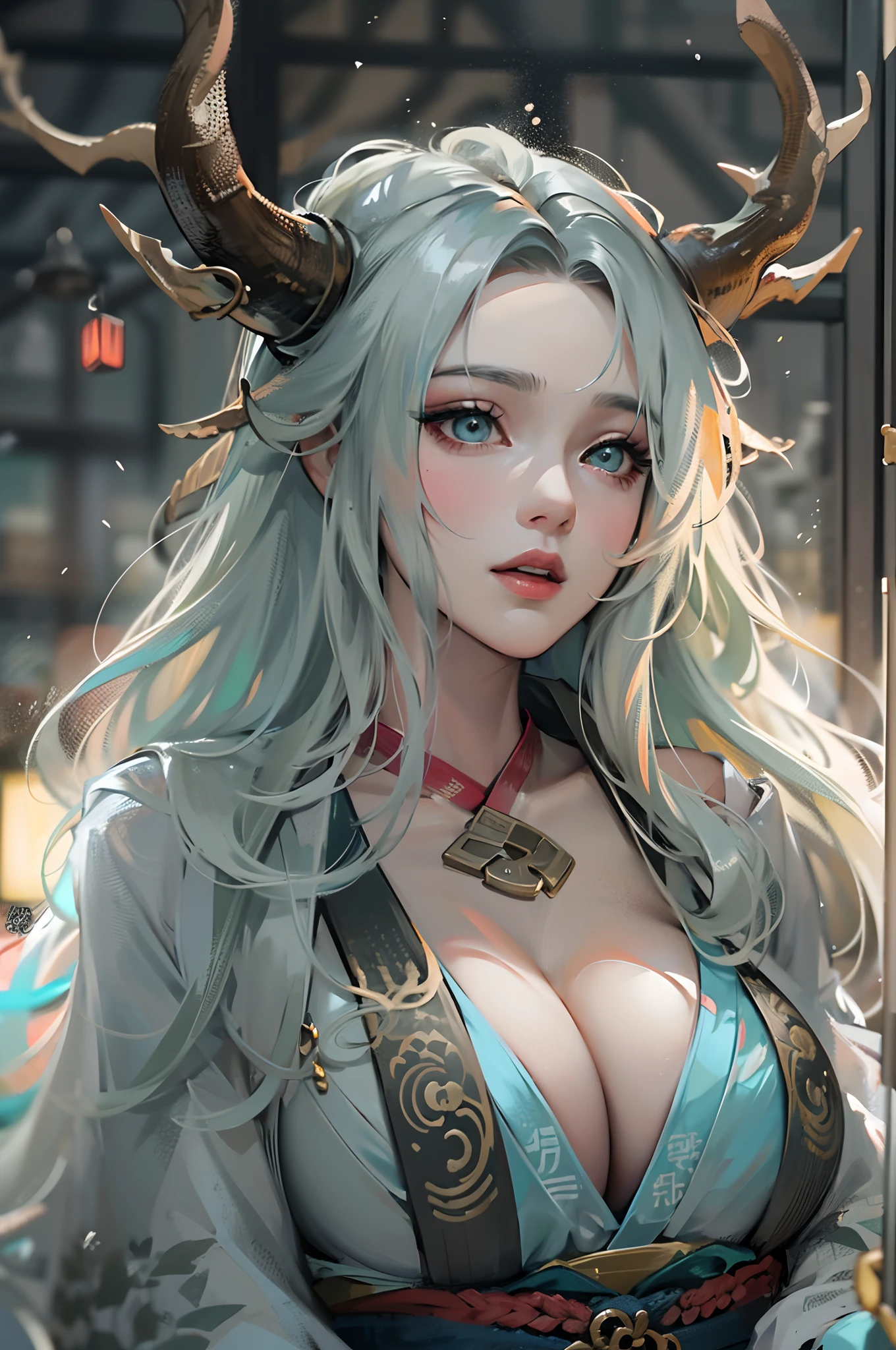 Frustrated text，Dragon's horn，deer antlers，Portrait，Realistic effect，Female pervert，White-haired girl，Messy hair，Ancient wind，cyan colors，cyan colors，Cyan Hanfu(Delicate and mysterious antique patterns)，high-heels，The expression after the climax，winning artwork，Silhouette effect，Epic composition，Stand in front of a window with falling snow(Ancient wind)，(Antique background)Need，8K，The human body light and shadow effect is three-dimensional，Delicate face，（in the darkness nigth：1.6），Fantasyart，photographrealistic，动态照明，art  stations，poster for，Volumetriclighting，Very detailed faces，4 k''，Award-Awarded, low tune, Cowboy shot, (Hanfu:1.4), long whitr hair,(Super huge)))，(((Super huge breasts)))，(cleavage)