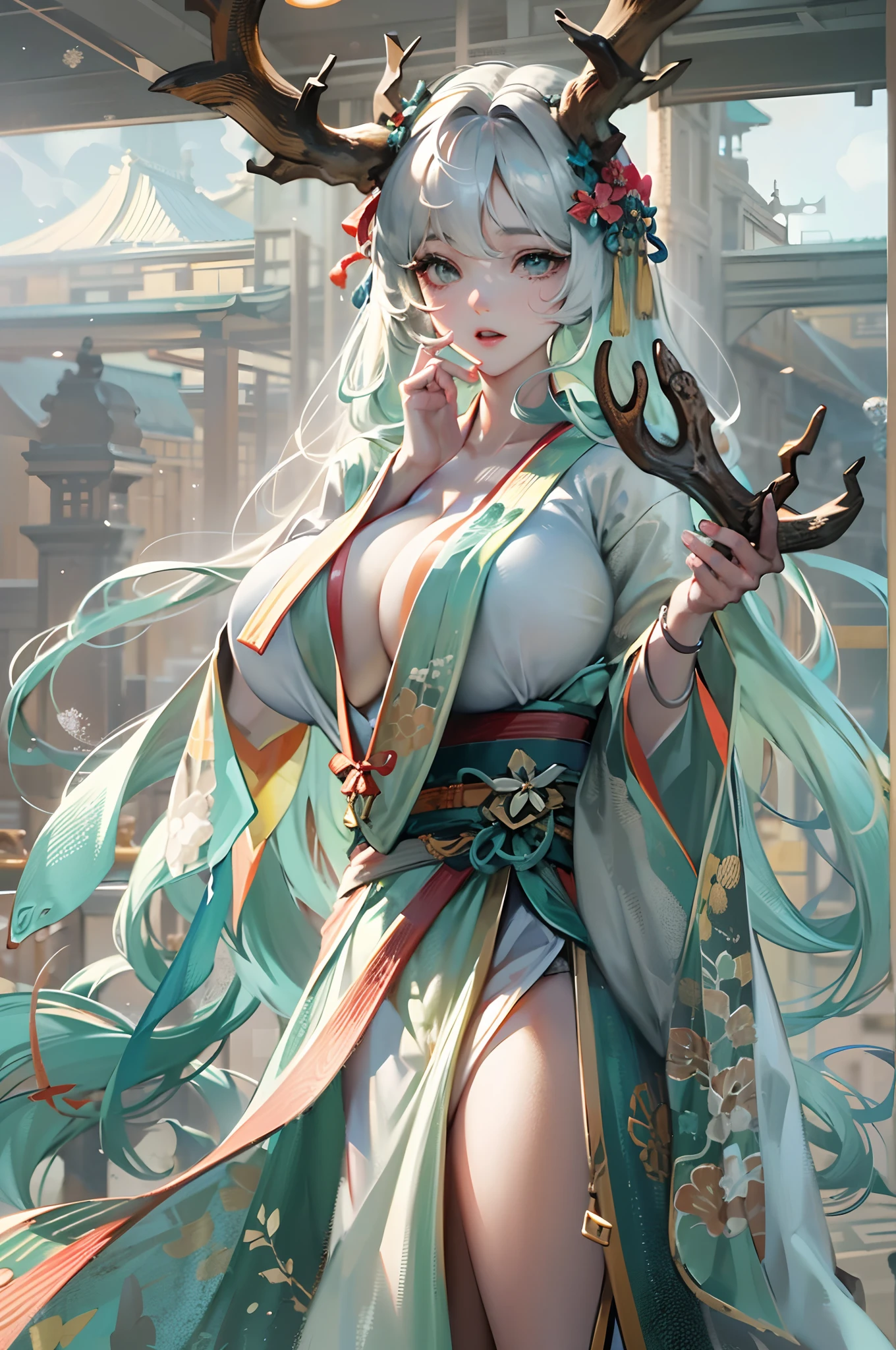 Frustrated text，Dragon's horn，deer antlers，Portrait，Realistic effect，Female pervert，White-haired girl，Messy hair，Ancient wind，cyan colors，cyan colors，Cyan Hanfu(Delicate and mysterious antique patterns)，high-heels，The expression after the climax，winning artwork，Silhouette effect，Epic composition，Stand in front of a window with falling snow(Ancient wind)，(Antique background)Need，8K，The human body light and shadow effect is three-dimensional，Delicate face，（in the darkness nigth：1.6），Fantasyart，photographrealistic，动态照明，art  stations，poster for，Volumetriclighting，Very detailed faces，4 k''，Award-Awarded, low tune, Cowboy shot, (Hanfu:1.4), long whitr hair,(Super huge)))，(((Super huge breasts)))，(cleavage)