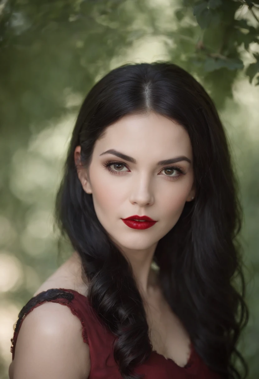 Woman with black hair and red lipstick posing for a photo, Beautiful and scary female vampire, Portrait of a cute vampire, beautiful female vampire, Beautiful female vampire queen, a vampire woman, portrait of a lady vampire, beautiful vampire queen, a woman vampire, carmilla vampire, vampire girl, Creepy vampires, Portrait of a vampire, Vampire fashion, With ivory, Vampire prey, long skirt,Showing fangs