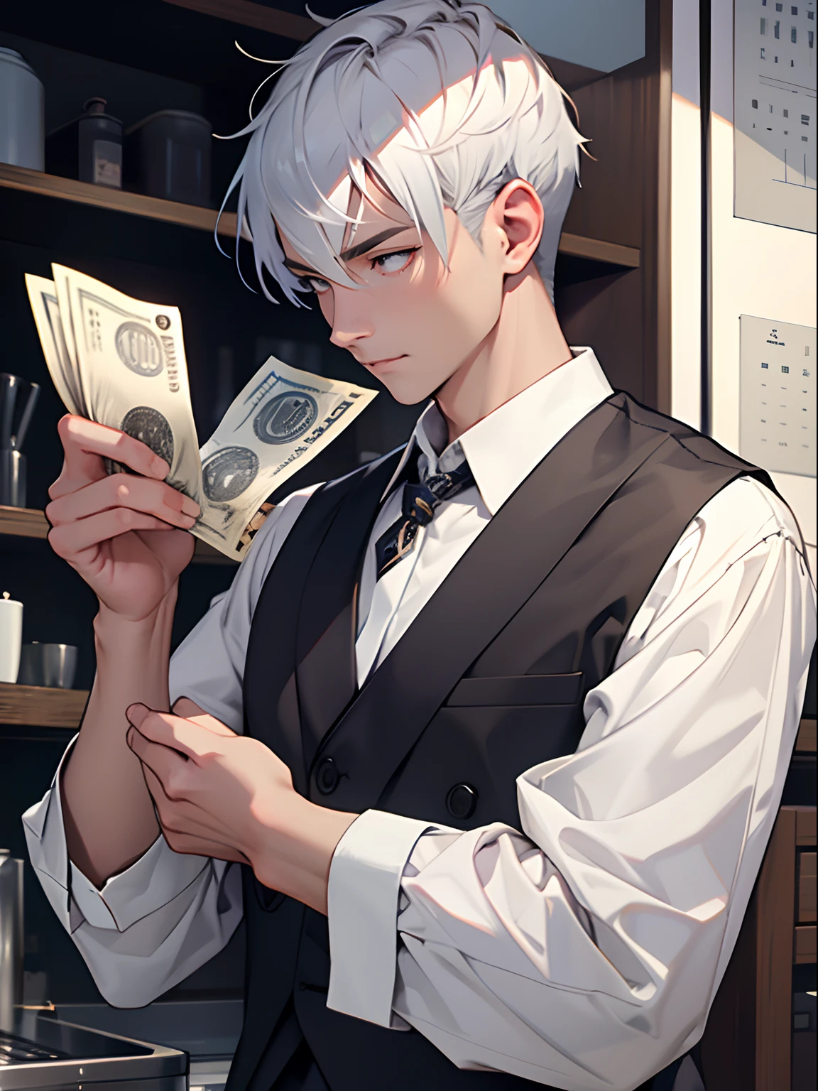 （A man with short hair：1.5）。silber hair。White color blouse。Take the banknote。