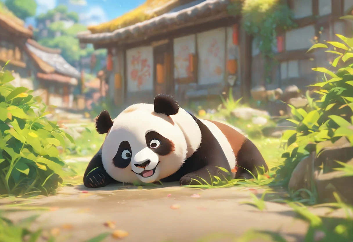 Cute full-body panda lying face down in a small village，Has big eyes，Blushlush，lazy，greet, 。.3D, 4K