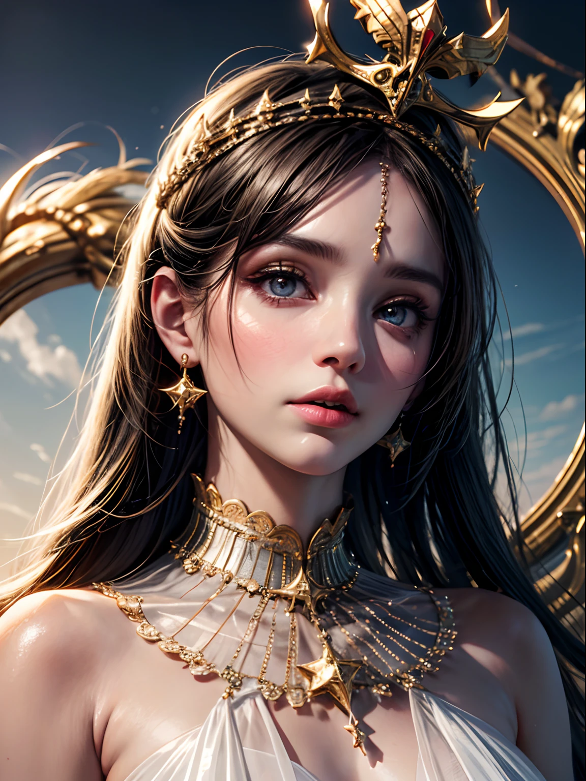 fotorrealista:1.4), fundo universo,(master part, side-lighting, finos olhos bonitos detalhados: 1.2), master part*retrato, Realistic, mulher Elfa, princesa, orelhas pontudas, armadura de guerreira, rosto de lado, expression serious, look at the sky, Rosto 3D, olhos extremamente detalhados e brilhantes, cabelos brilhantes, Pele brilhante e brilhante, sozinho, constrangido, (diafragma), eyes close up