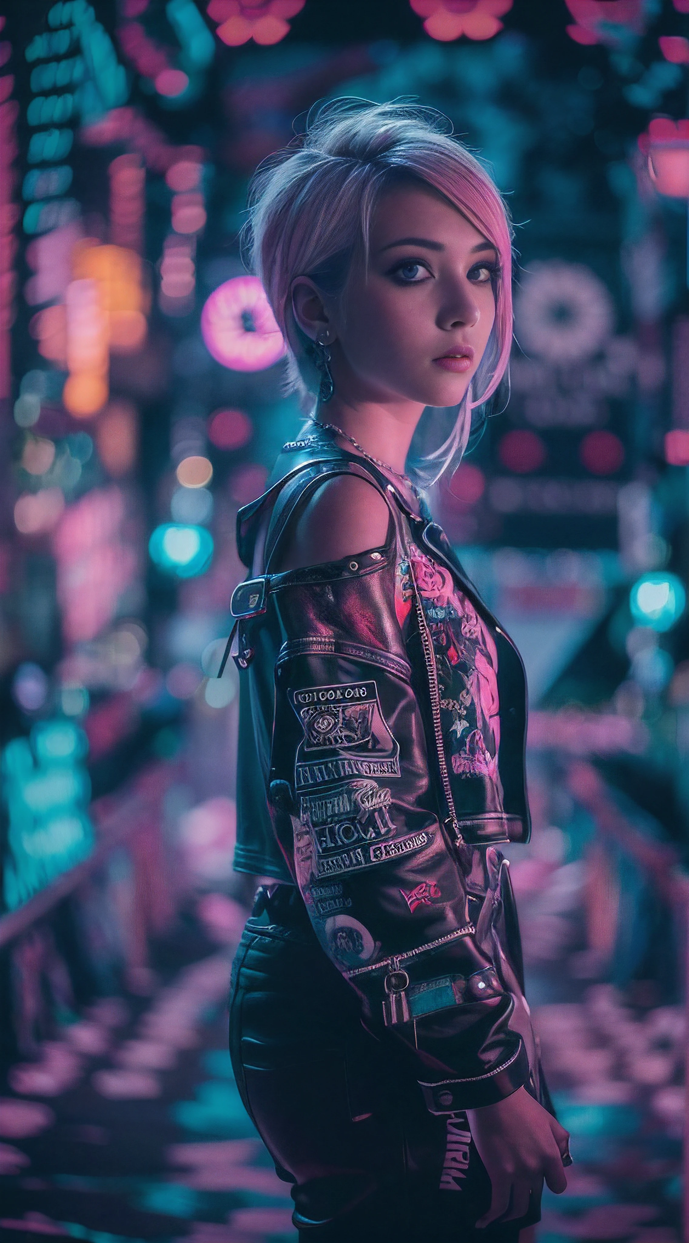 A young woman stands in the center of a chaotic and vibrant punk and rock gothic dreamscape, with retro fashion, punk rock, dark synthwave, alternative, dark wave, punk subgenre, grunge, emo, and noise pop swirling around her, vibrant punk and rock gothic dreamscape, Bokeh, Cinematic, Color Grading, Filmic, Field of View, Neon, Ray Tracing Reflections, dreamlike, colorful