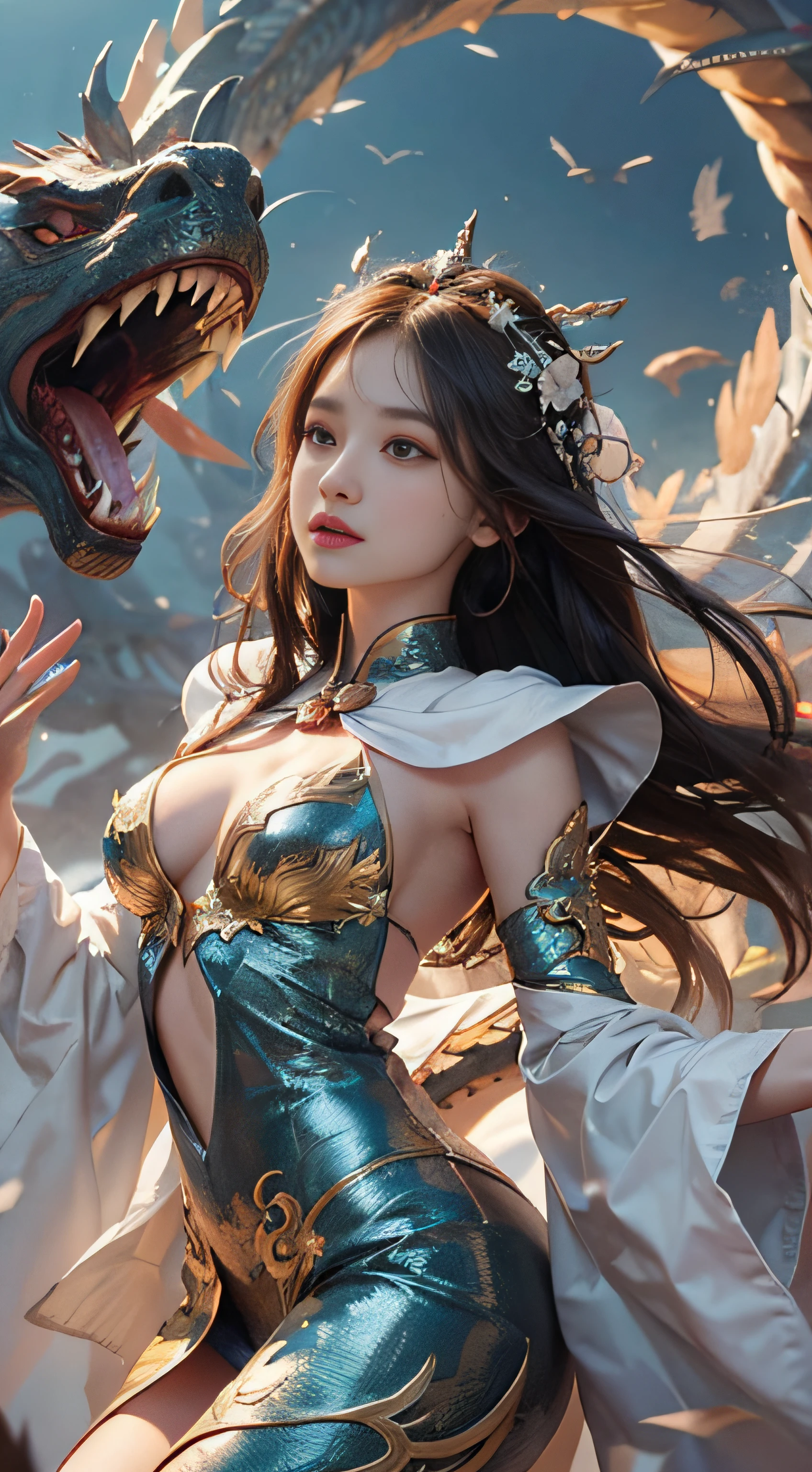 A young Chinese girl,adorned in a pure white robe,rides upon the back of a majestic Chinese dragon. The pair soars high above the clouds,like ethereal beings floating among the misty pillows of heaven. The wind whips and flutters the girlâs robe,causing it to billow out like a thousand fluttering ribbons,dancing with the rhythm of the sky., Below,the clouds swirl and swarm around the peaks of ancient mountains,each summit lost in the thick mists. The girlâs face is turned towards the infinite expanse of sky,her dark hair billowing behind her like a second cloak of shadow. She holds tightly onto the dragonâs scales,her eyes alight with both nervousness and exhilaration., The dragon itself is a masterpiece of Chinese mythology,its scales glistening in the sunlight,its tail curling behind it with precision and grace. It opens its jaws wide,as if to swallow the very sky,and its eyes reflect the image of the girl it carries so bravely., The scene is one of pure poetry,a symphony of myth,magic and nature. The girl and the dragon are joined together in a dance that has been choreographed by the ages,a dance that personifies the beauty,power and freedom of both the human spirit and the natural world.,