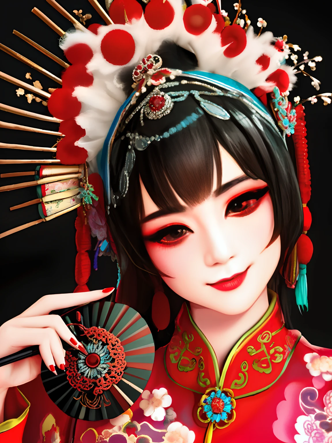 ultra - detailed， Close-up，A beautiful woman dressed in a Chinese Peking Opera costume stands on the stage，Close-up of holding a fan，1girl， 独奏，black color hair， rednails， putting makeup on， Redlip， hair adornments， lipsticks， nail polish， with black background， sportrait， looking at viewert， ssmile， simple backgound， Keep one's mouth shut， florals， Kanzashi， 黑The eye