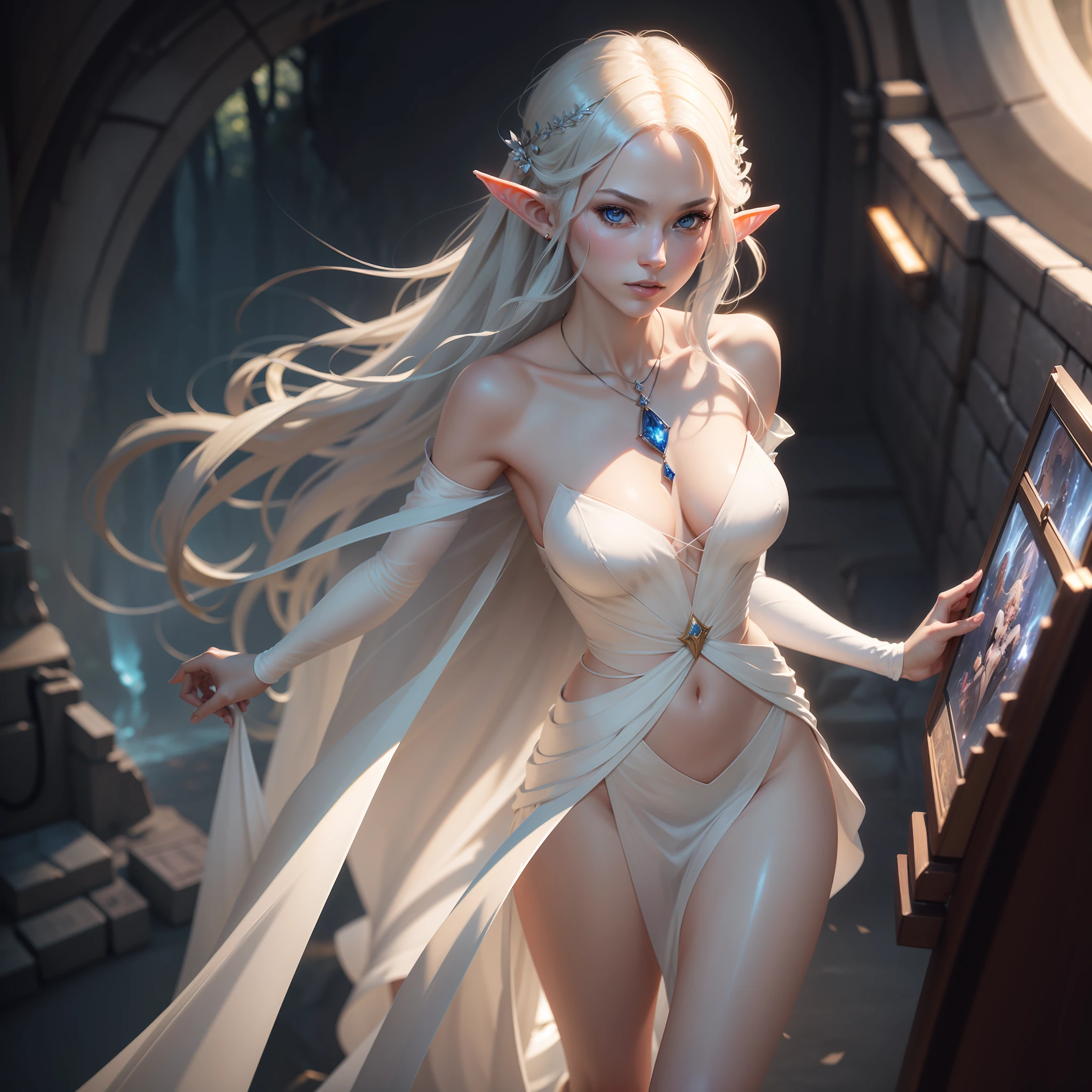 Female Elf Waist Shot, Convoluted, Slender face, Elegant, Wearing a sapphire necklace, White light dress with strap, Facing Camera, Highly detailed, Digital Painting, art  stations, Concept art, Smooth, Sharp Focus, Illustration, art by artgerm and greg rutkowski and alphonse mucha, 8K, Volumetric fog, bloom, llight rays, lumen, crank、