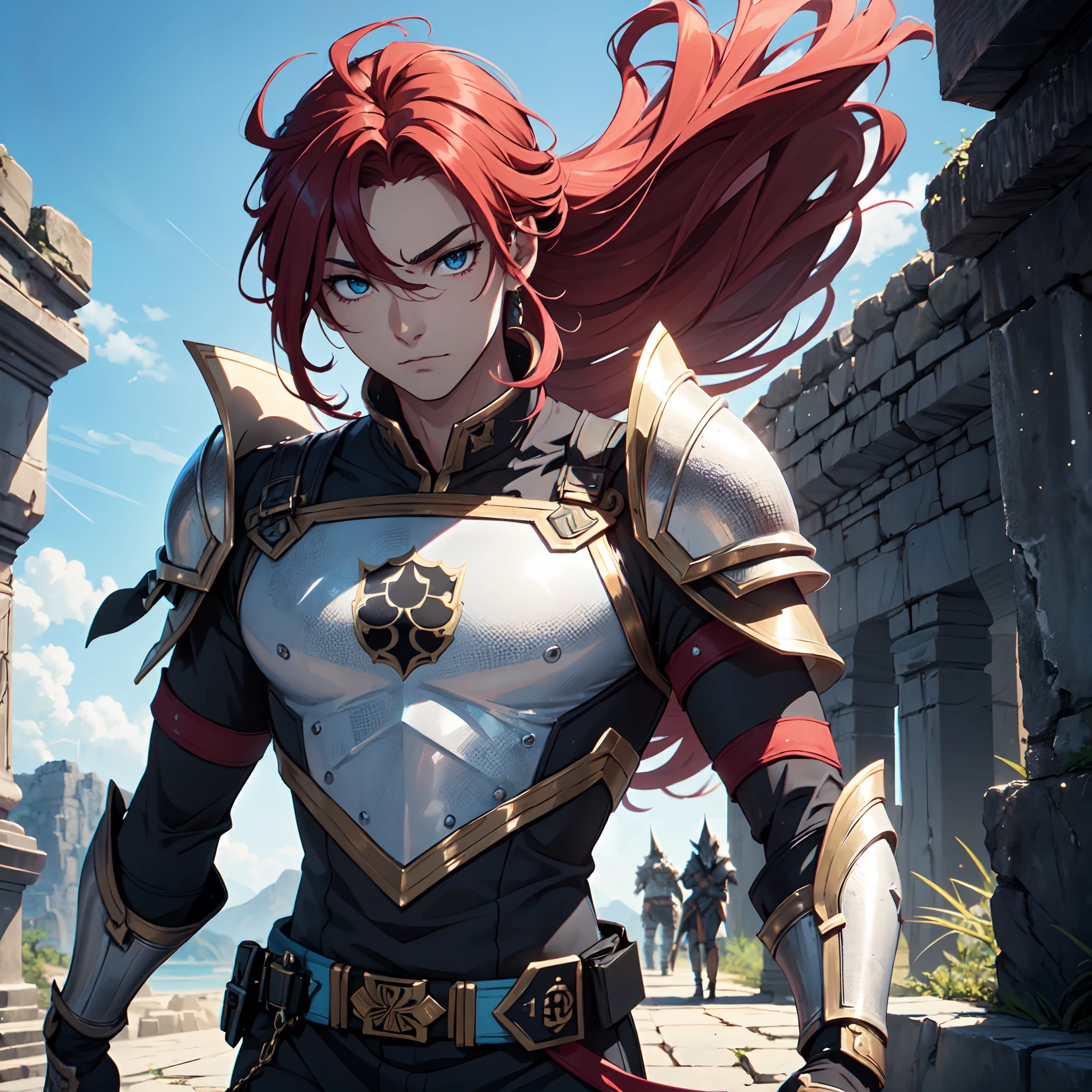 Ultra High Definition, Ultra High Quality, Extremely Detailed, Perfectly Detailed, Masterpiece, 8k, 1 Boy, Look A Like Xin From Kingdom Anime, Handsome, Equipped With All Solid Black Paladin Armor, Solid Light Blue Eyes, Long Red Hair, Body Shot, Ancient Kingdom Background