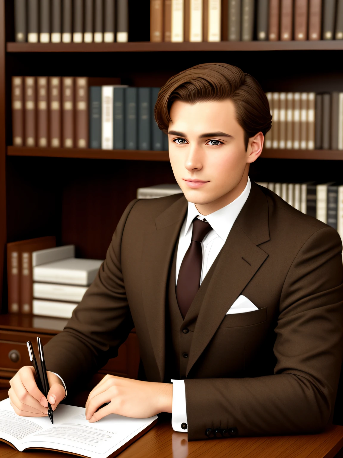 A young European gentleman real man,Brown hair,The upper body is wearing a coffee-colored suit,Sit at the desk in the study,The background is the bookshelf,Natural light,Hyper-realistic,9:16 sizes