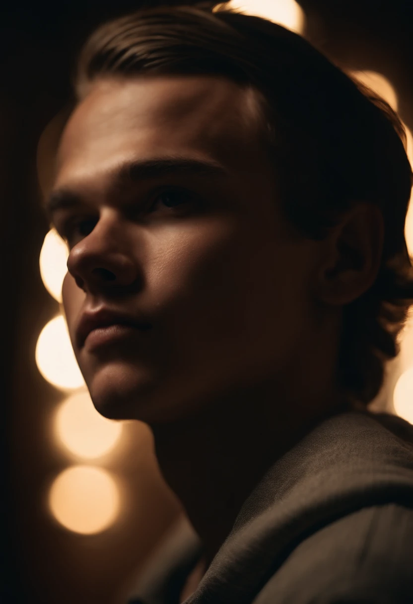 Teenager boy , 18 year old , big forehead in very dark room , looking at camera , side lighting , Avicii like face