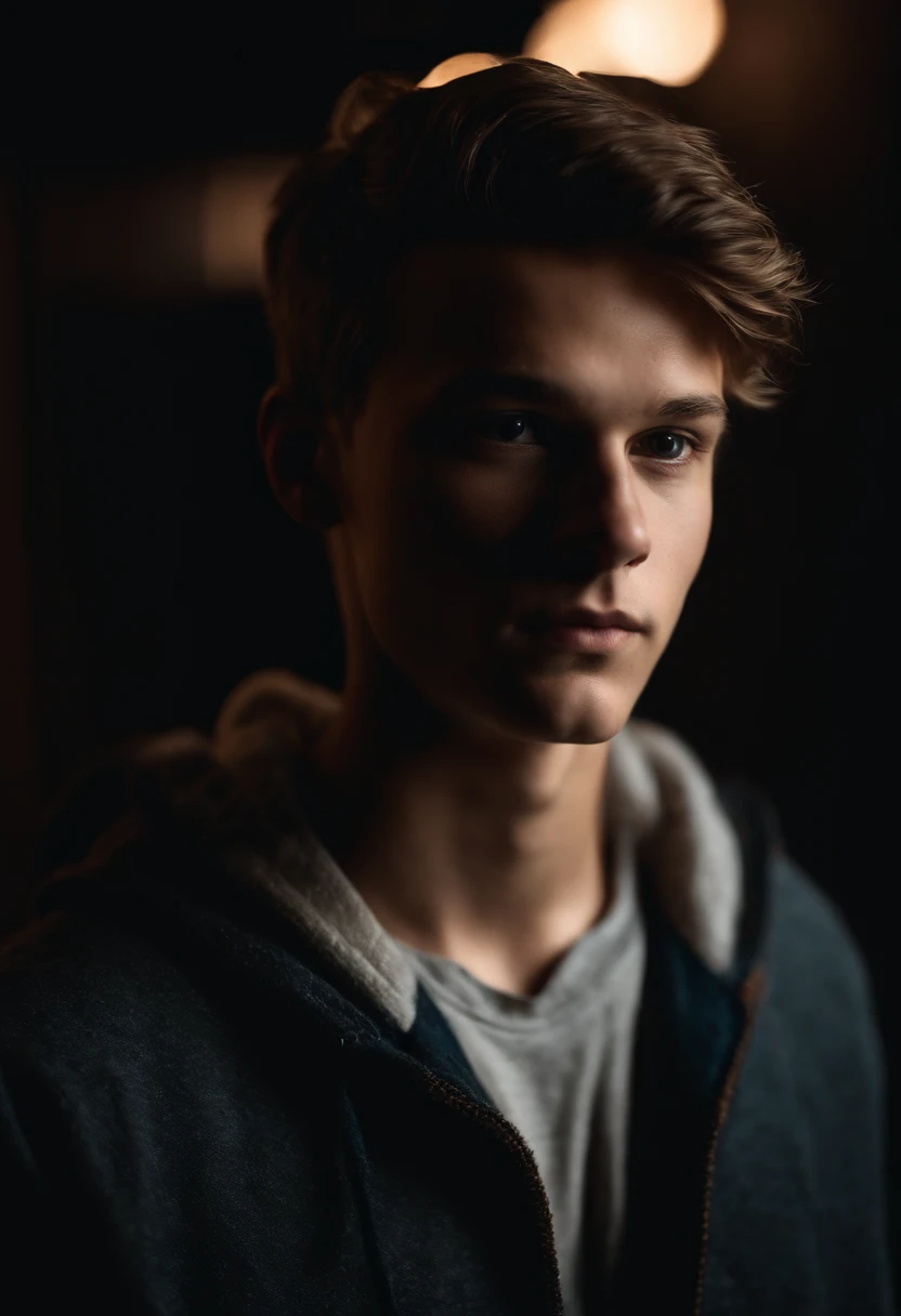 r boy , 18 year old , big forehead in very dark room , looking at camera , side lighting , Avicii like face