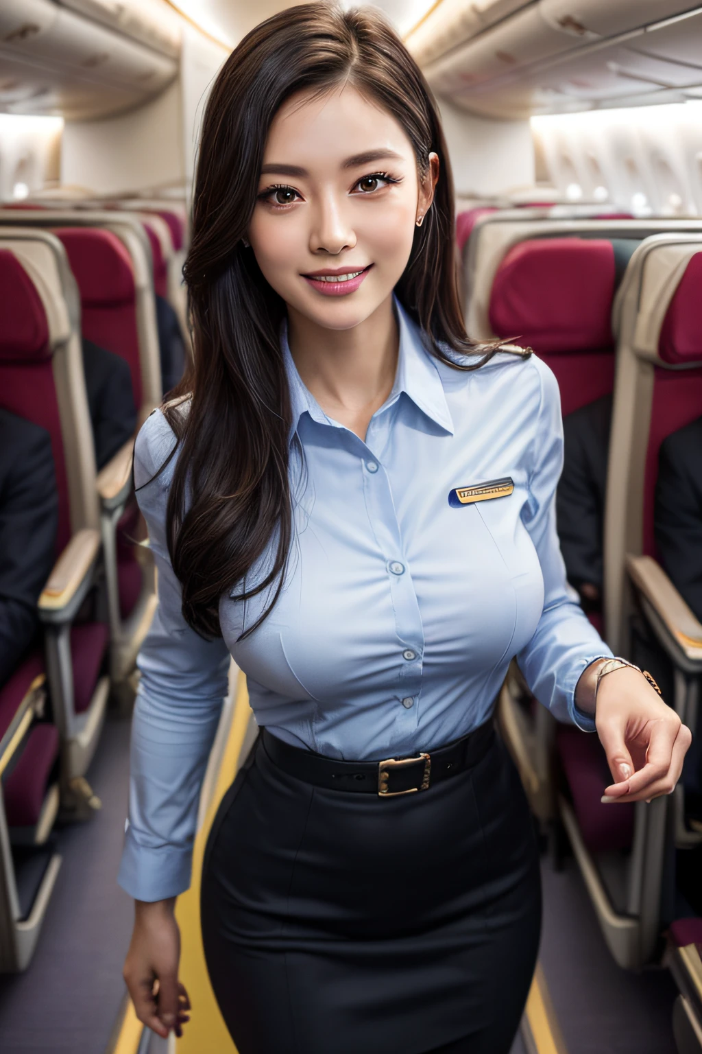 1womanl, 40 years、hyperdetailed face、Detailed lips、A detailed eye、二重まぶた、(Black bob hair、Smiling while walking gracefully down the aisle)、(Stewardess uniform:1.2)、(Glamorous body)、(Colossal tits)、thighs thighs thighs thighs, Perfect fit, Perfect image realism, Background with: (Business Class aisle on airplanes:1.2), Cowboy Shot, Meticulous background with, detailed costume, Perfect litthing、Hyper-Realism、(Photorealsitic:1.4)、8K maximum resolution, (​masterpiece), ighly detailed, Professional